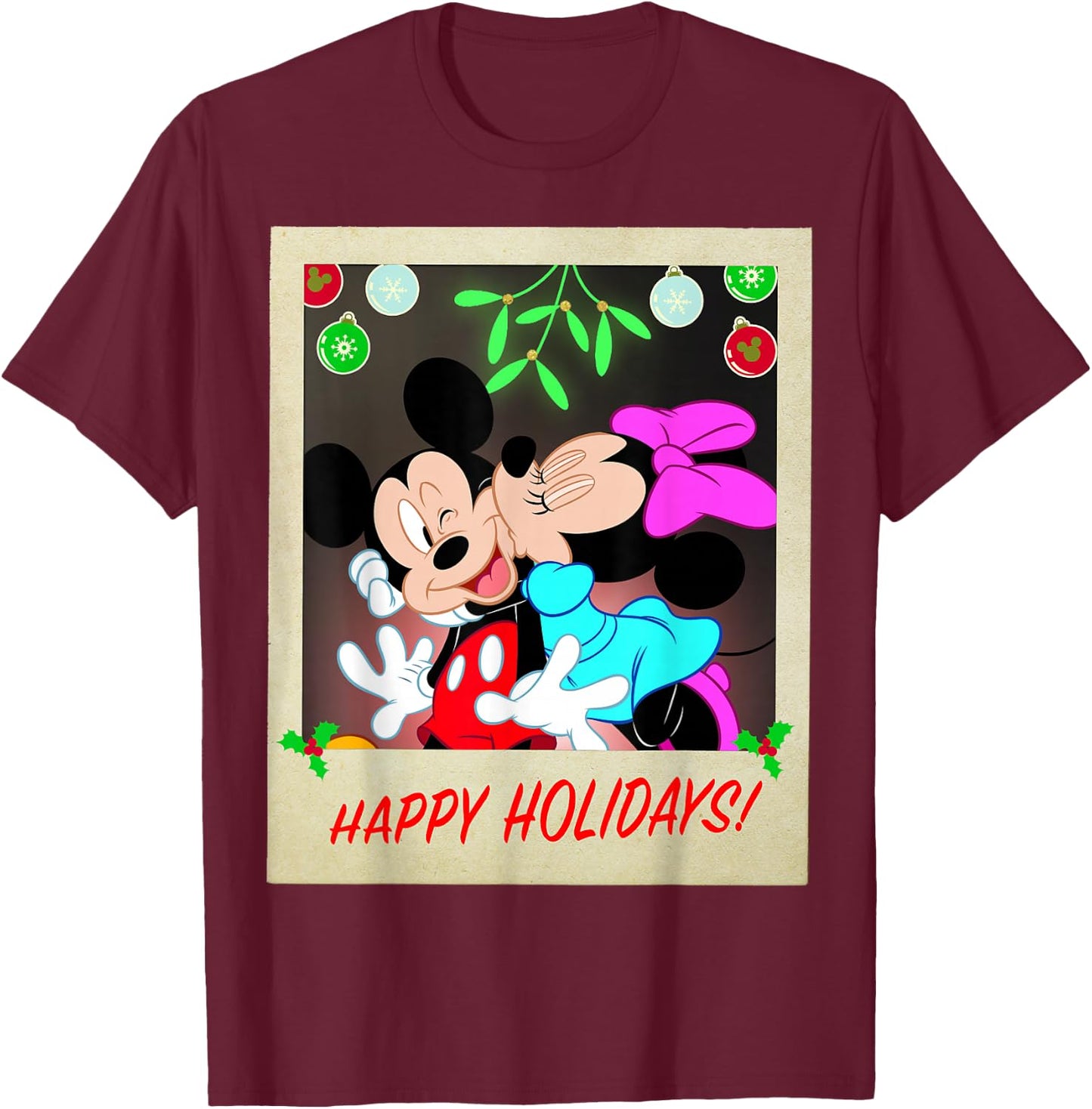 Disney Mickey And Minnie Happy Holidays Christmas Portrait T-Shirt - T-Shirt | Maroon