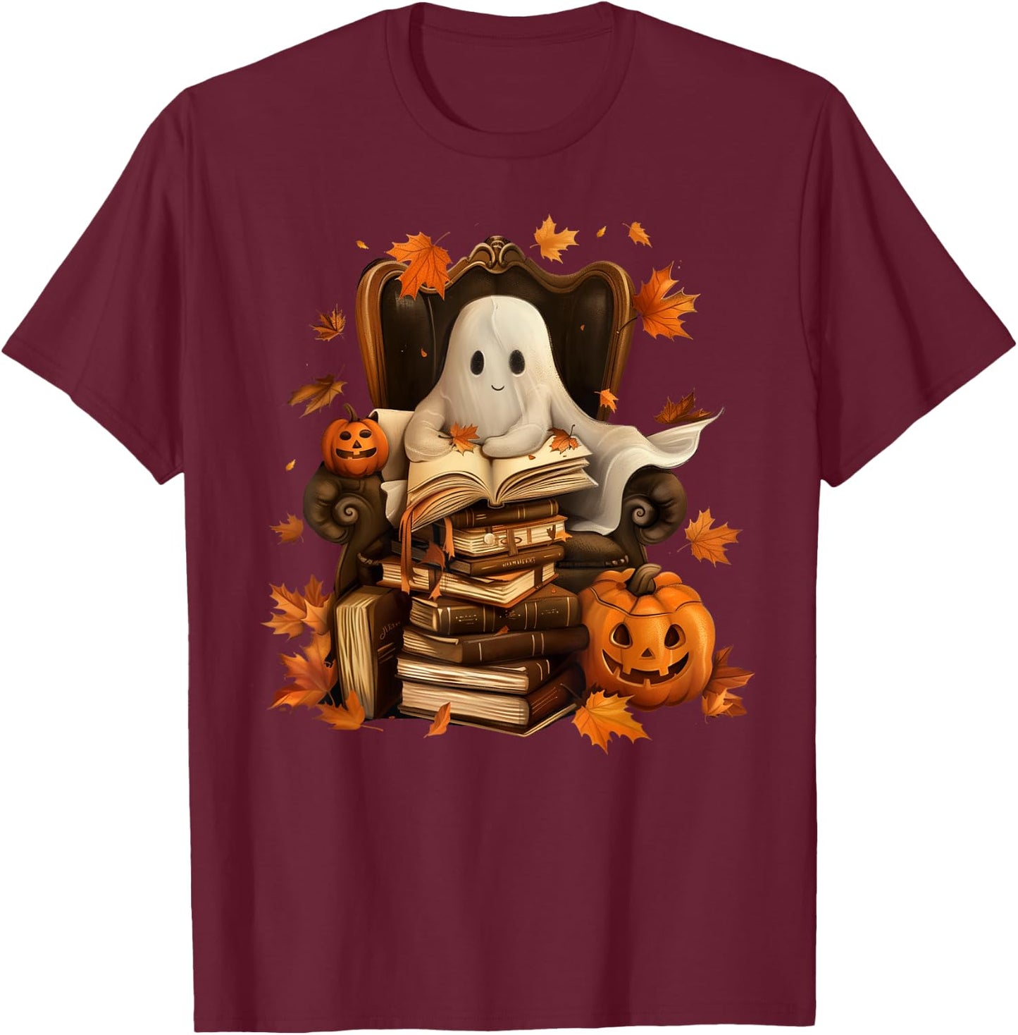 Vintage Ghost Book Reading Pumpkin Gothic Halloween Teachers T-Shirt - T-Shirt | Maroon