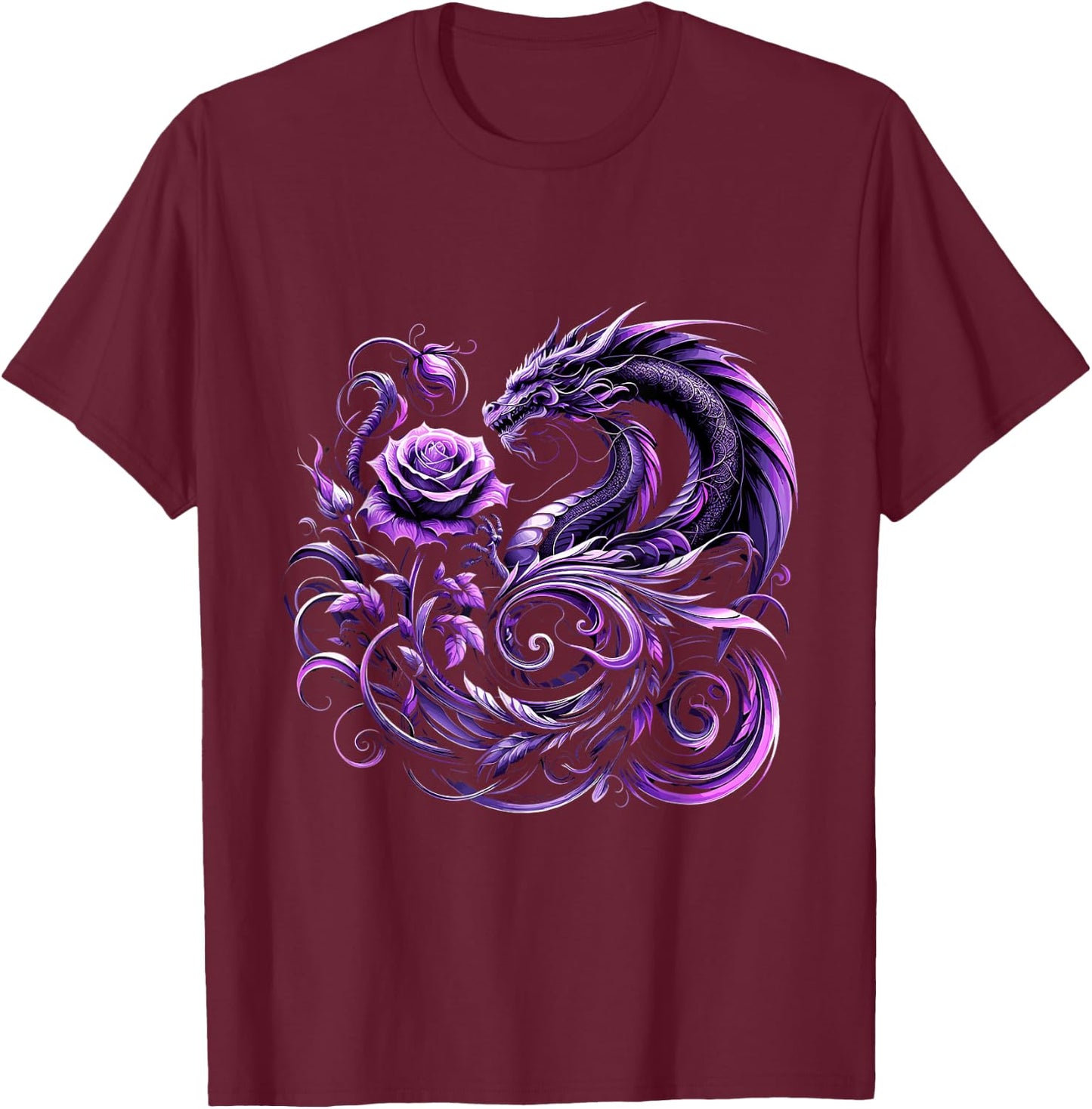 Purple Dragon and Purple Rose Fantasy T-Shirt - T-Shirt | Maroon