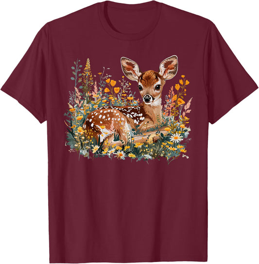 Cottagecore Cute Fawn Graphic Floral Baby Deer Nature Lover T-Shirt - T-Shirt | Maroon