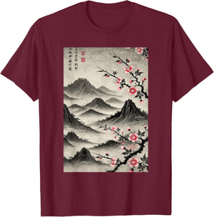 Japanese Graphical Art Vintage Cherry Blossom Woodblock T-Shirt - T-Shirt | Maroon