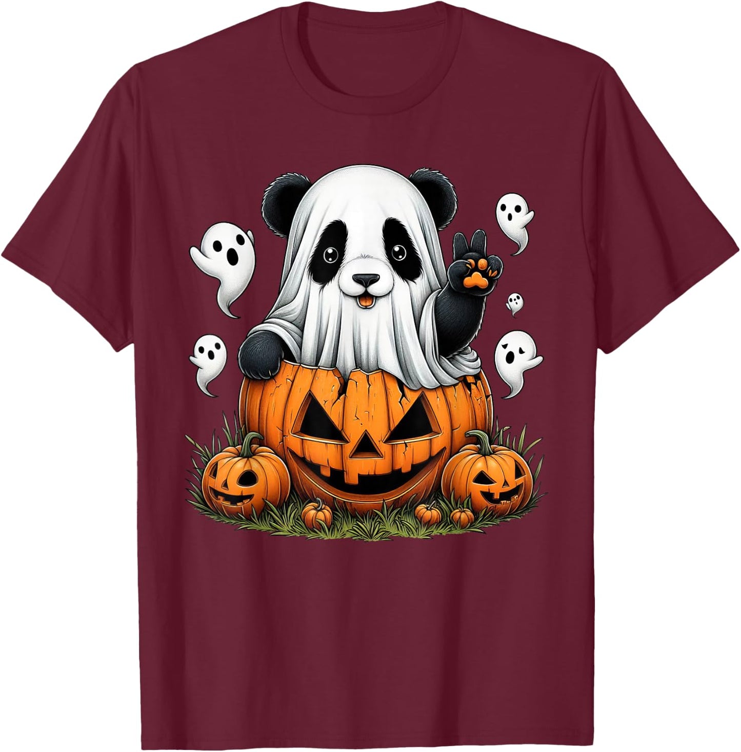 Funny Panda Ghost Boo Halloween Panda Kids T-Shirt - T-Shirt | Maroon