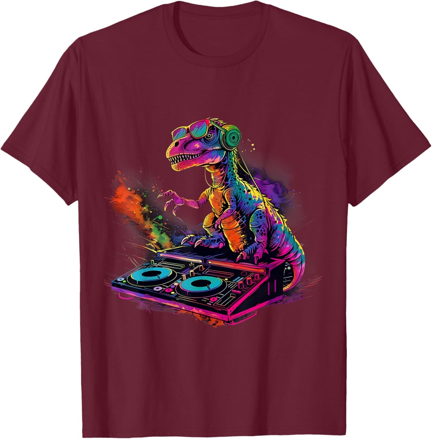 Dinosaur DJ Turntable DJ Dinosaur Artwork House Beatmaker T-Shirt - T-Shirt | Maroon