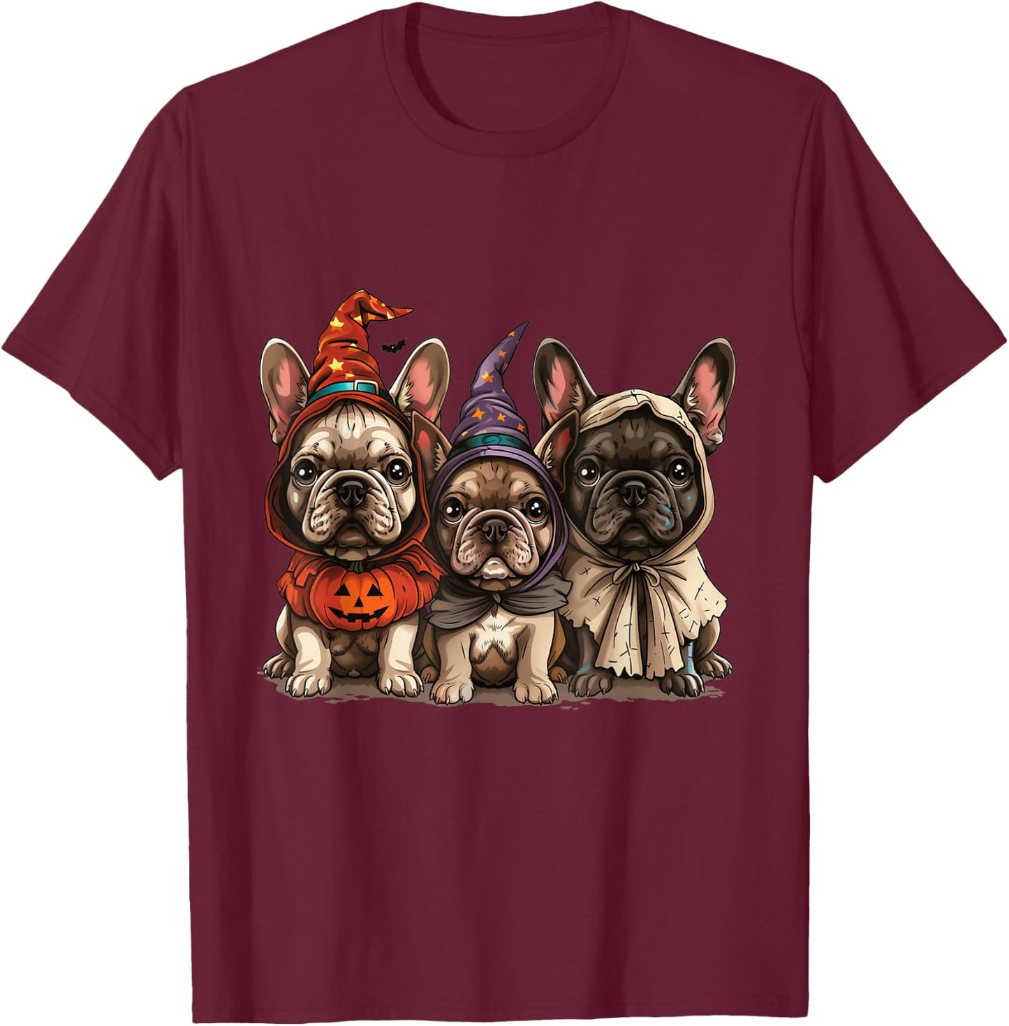 Cute French Bulldogs Halloween Pumpkin Frenchie Puppy Dogs T-Shirt - T-Shirt | Maroon