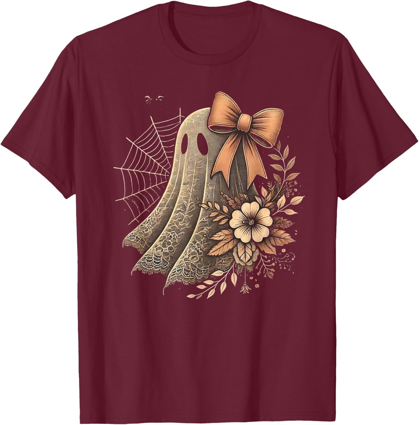 Cute Coquette Bow Ghost Halloween Flower Ghost Spooky Ghost T-Shirt - T-Shirt | Maroon