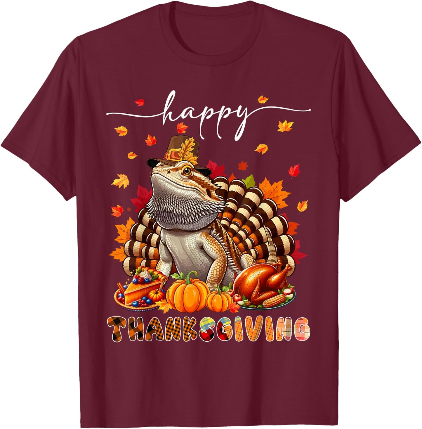 Wild Animal Thanksgiving Costume Happy Thanksgiving Bearded Dragon Turkey Fall Leaves T-Shirt - T-Shirt | Maroon