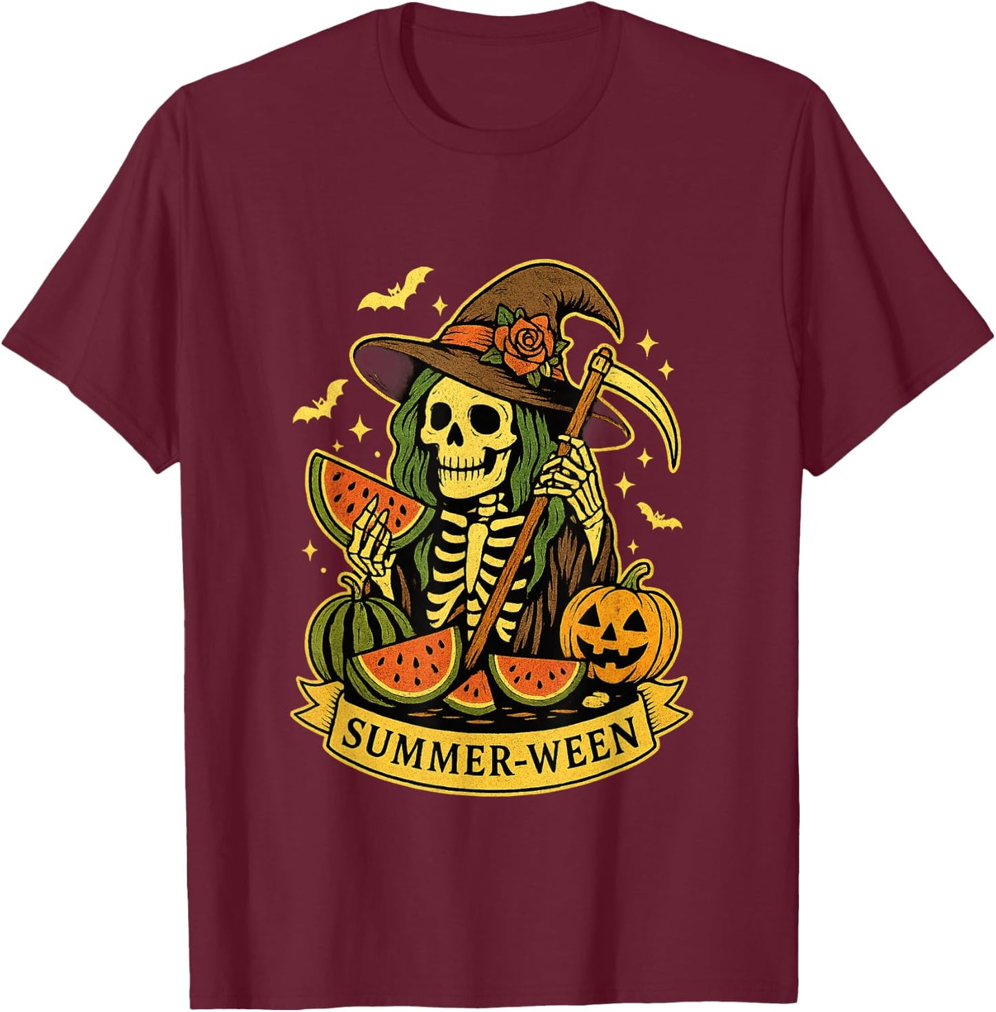 Summer-Ween Spooky Summer Halloween Skeleton Witch T-Shirt - T-Shirt | Maroon