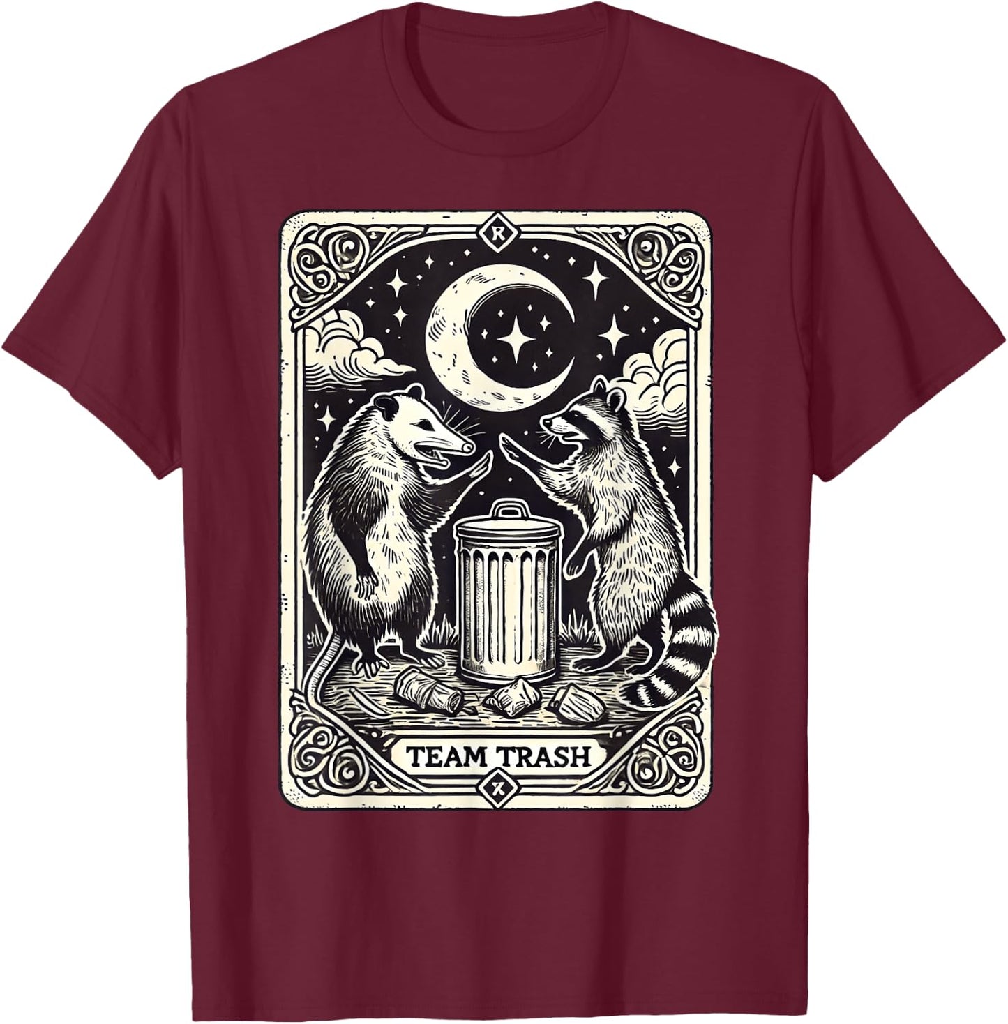 Tarot Card Vintage Team Trash Crescent Moon Opossum Raccoon T-Shirt - T-Shirt | Maroon