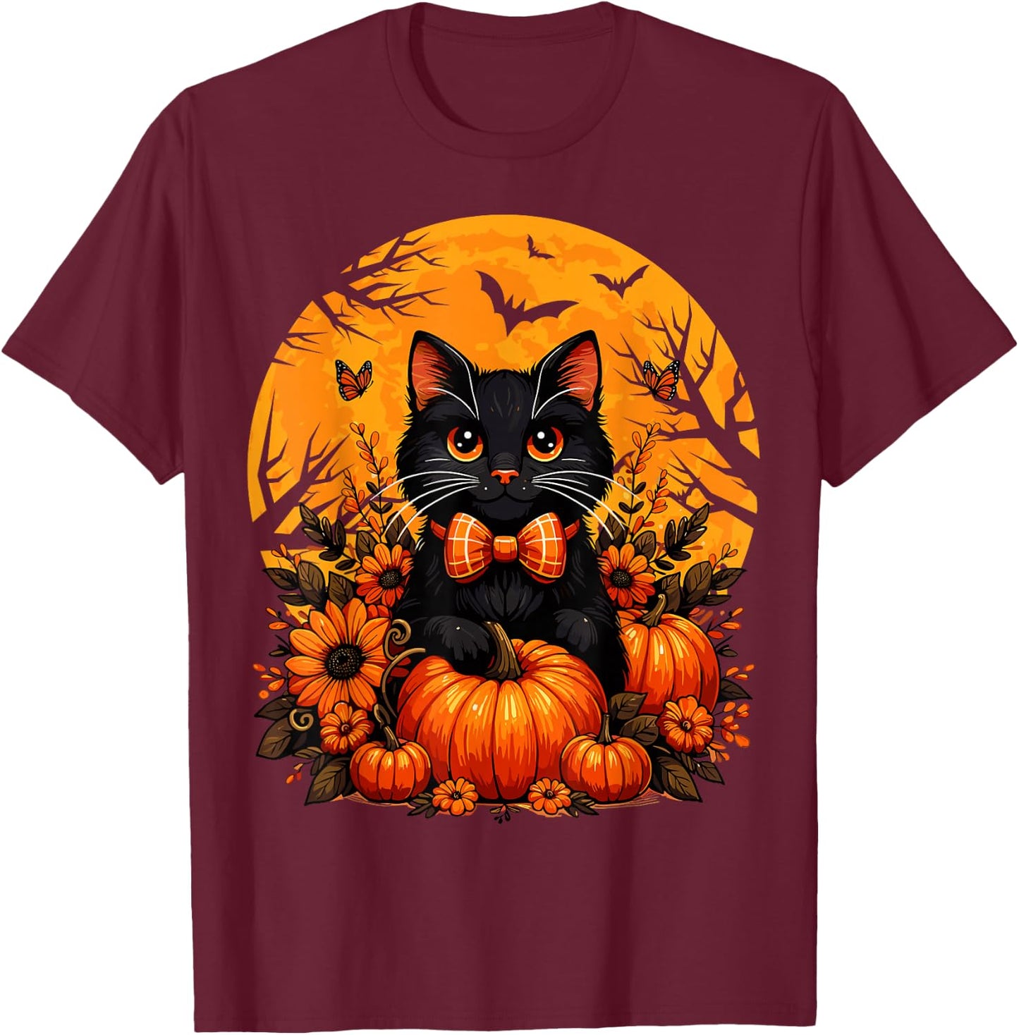 Retro Black Cat Fall Pumpkin Cute Halloween Cat Autumn T-Shirt - T-Shirt | Maroon