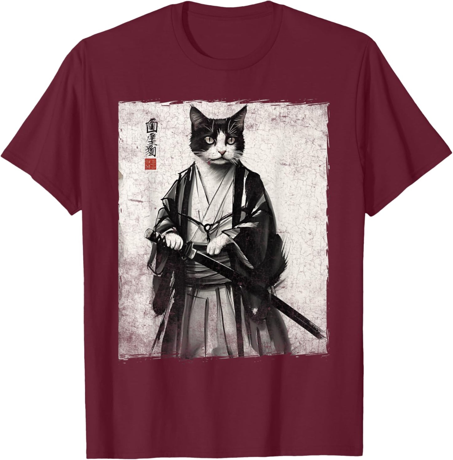 Samurai Cat Ukiyo-e Warrior Art Vintage Ninja Cat Graphic T-Shirt - T-Shirt | Maroon