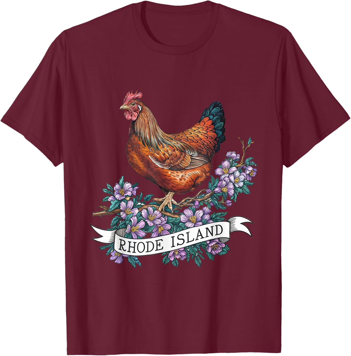 Rhode Island Red Chicken Bird and Violet Flower T-Shirt - T-Shirt | Maroon