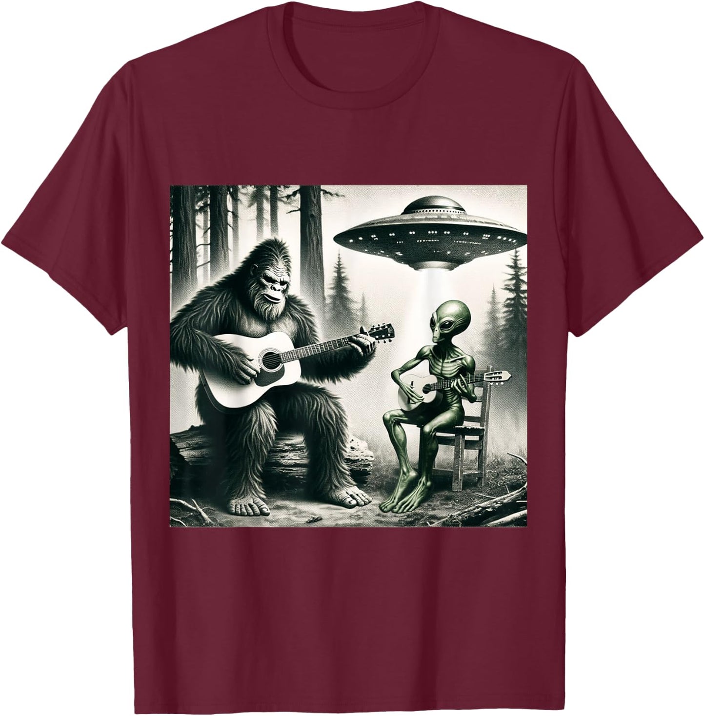 Funny Bigfoot And Alien Playing Electric Guitar. Bigfoot UFO T-Shirt - T-Shirt | Maroon