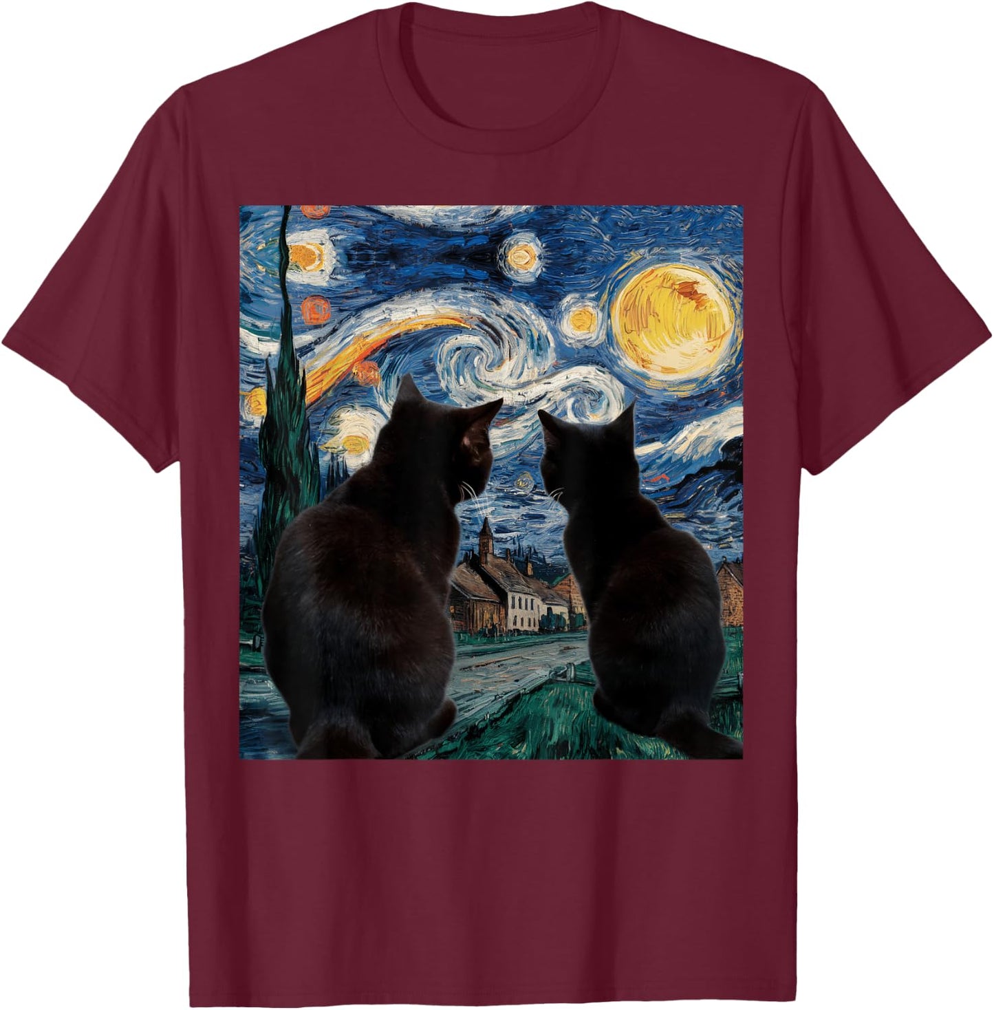 Black Cats Starry Night Van Gogh Cat Lover Men Women Girls Kids T-Shirt - T-Shirt | Maroon