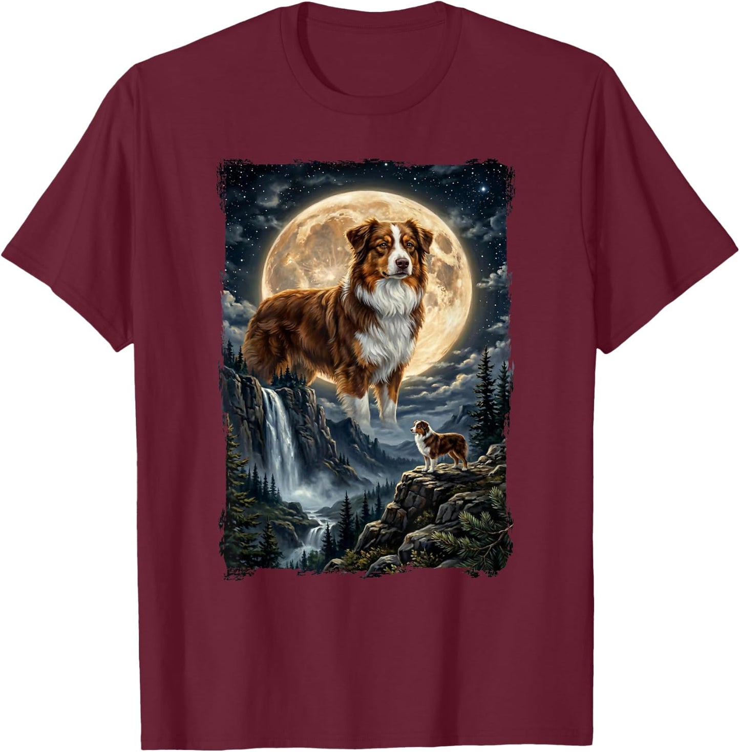 Mystik Fantasy Illustation Dog and Moon Australian Shepherd T-Shirt - T-Shirt | Maroon