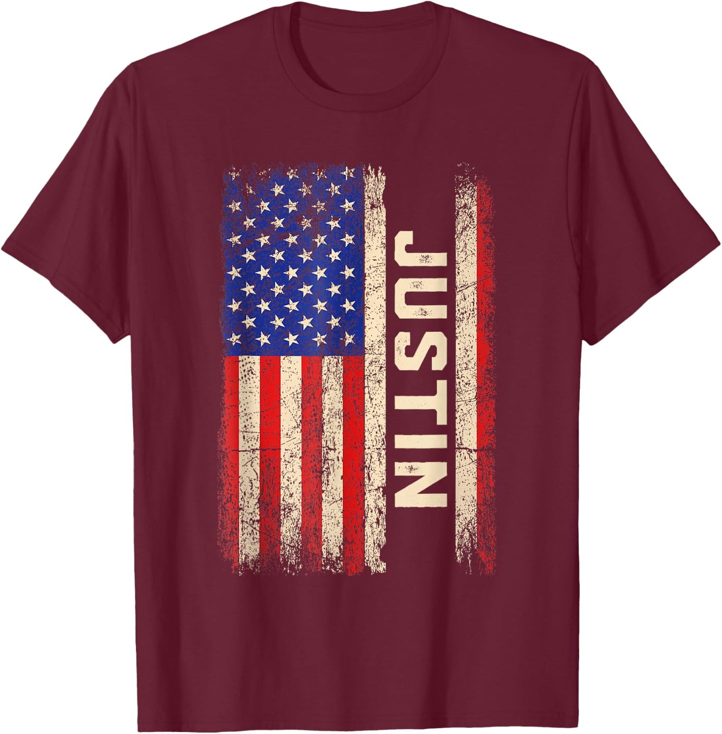 Justin First Name Shirt Justin Name American Flag Kids Men T-Shirt - T-Shirt | Maroon