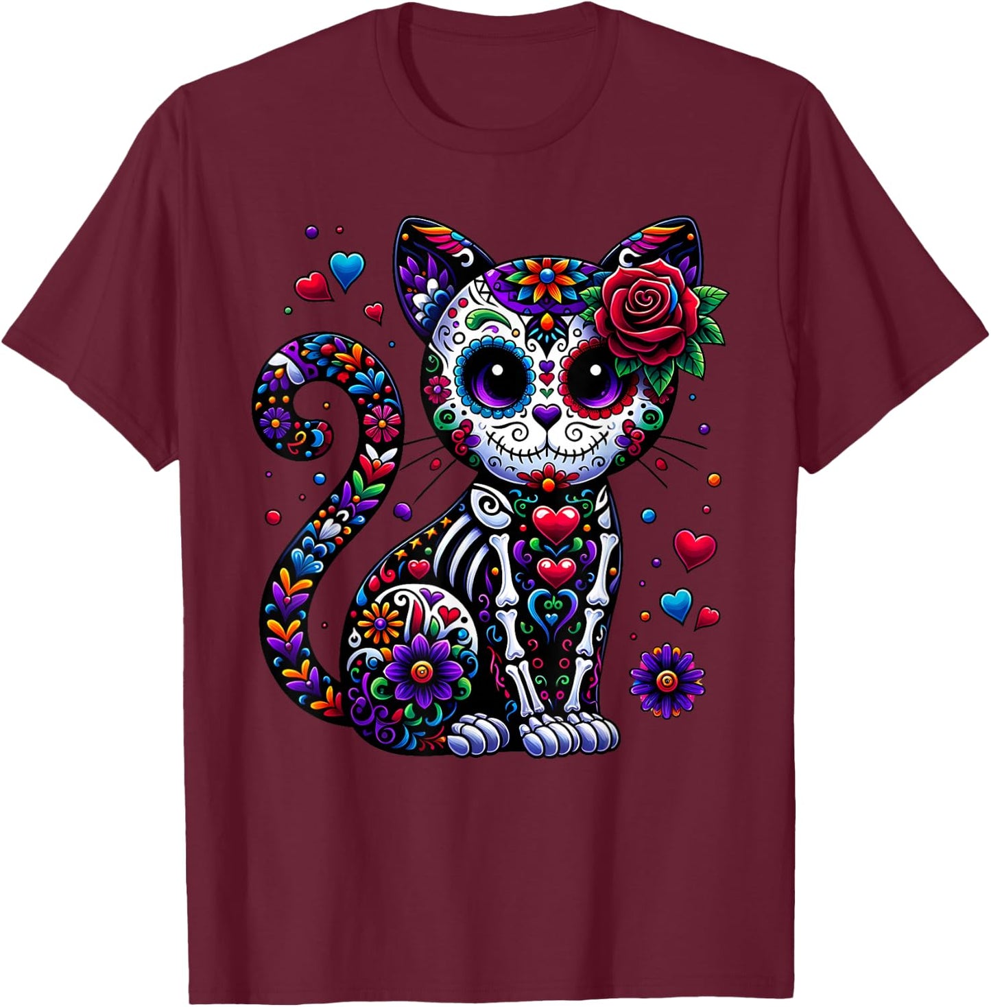 Dia De Los Muertos Cinco De Mayo Cat Sugar Skull Men Women T-Shirt - T-Shirt | Maroon