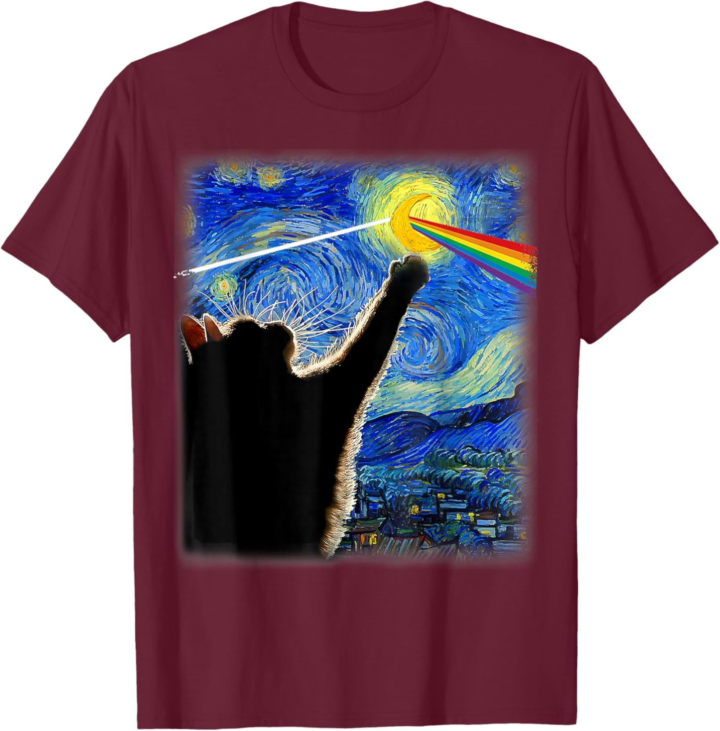 Cat Rock Music Cat Starry Night Van Gogh Art Funny Cat Gifts Women Kids T-Shirt - T-Shirt | Maroon