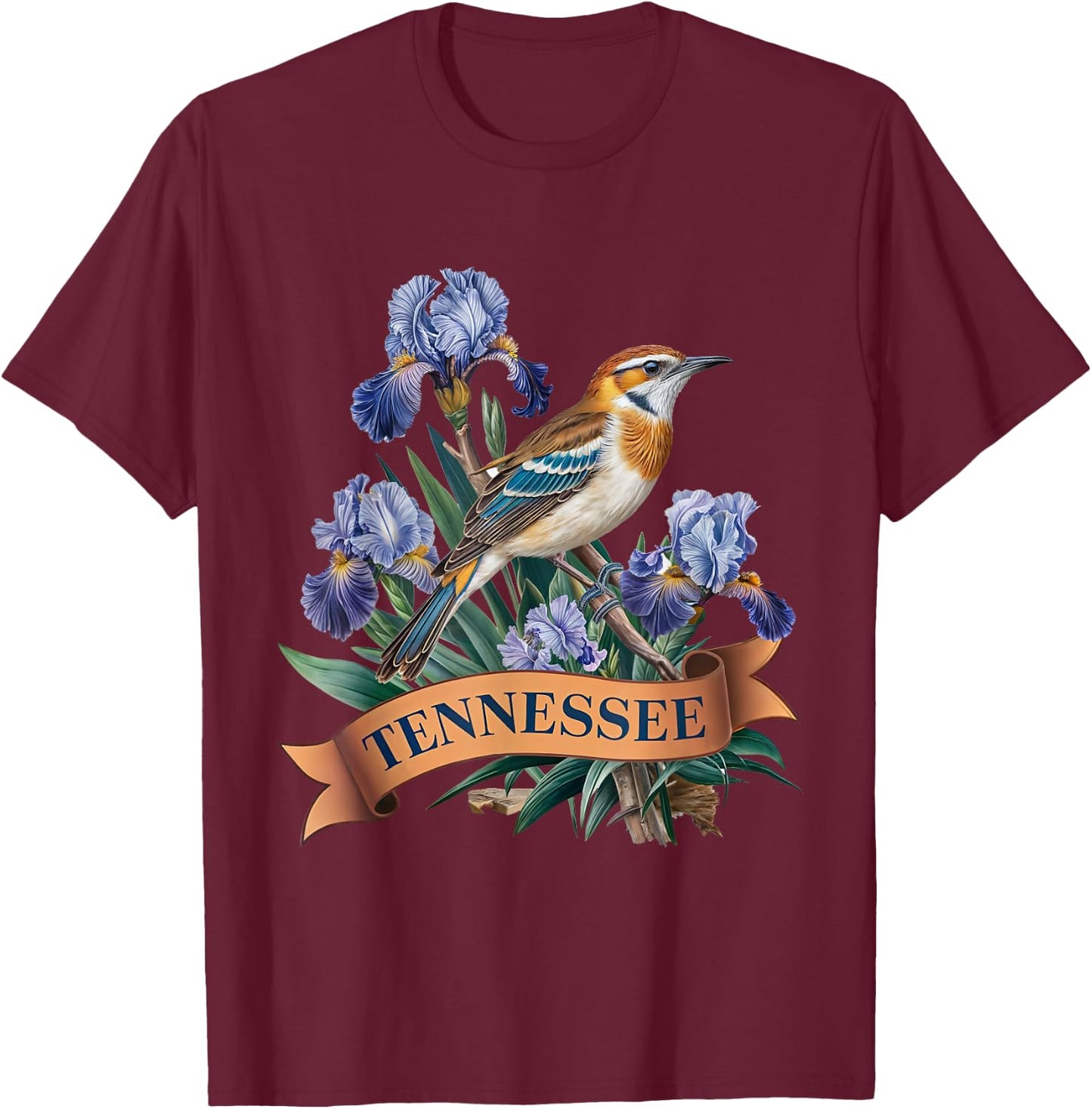 Tennessee Northern Mockingbird Bird and Iris Flower T-Shirt - T-Shirt | Maroon