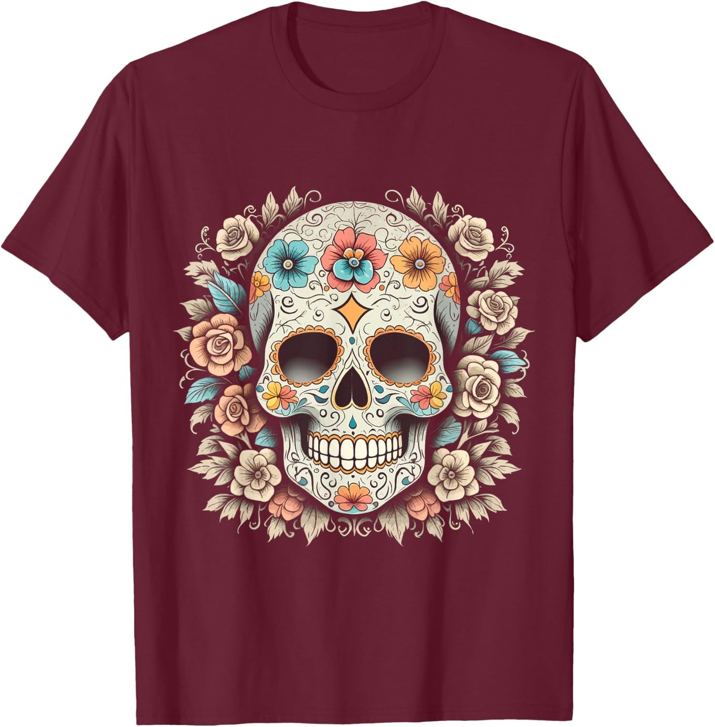De Los Muertos Day of the Dead Sugar Skull Halloween Women T-Shirt - T-Shirt | Maroon