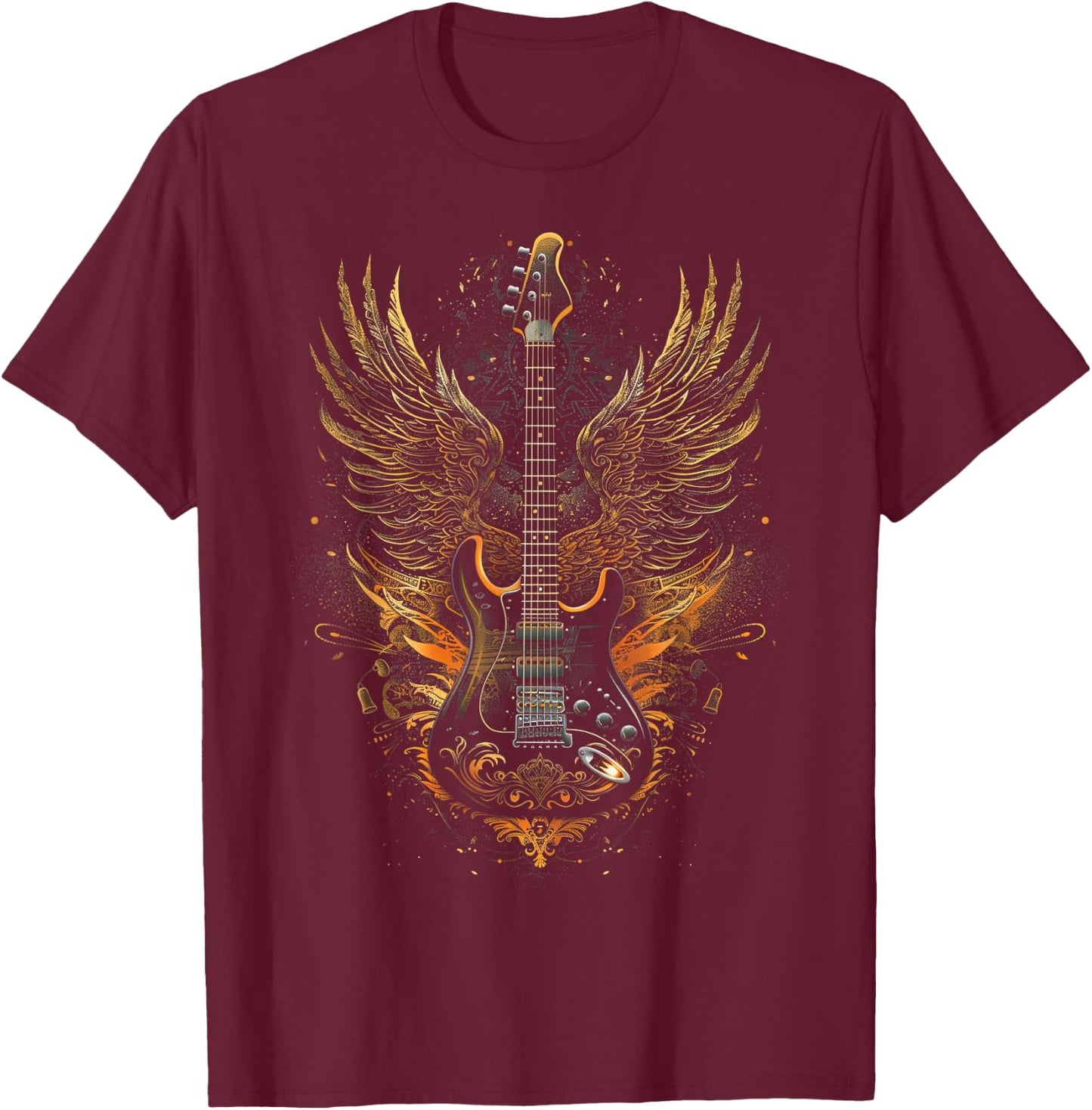 Electric Guitar with Wings Baroque Rock Design Art T-Shirt - T-Shirt | Maroon