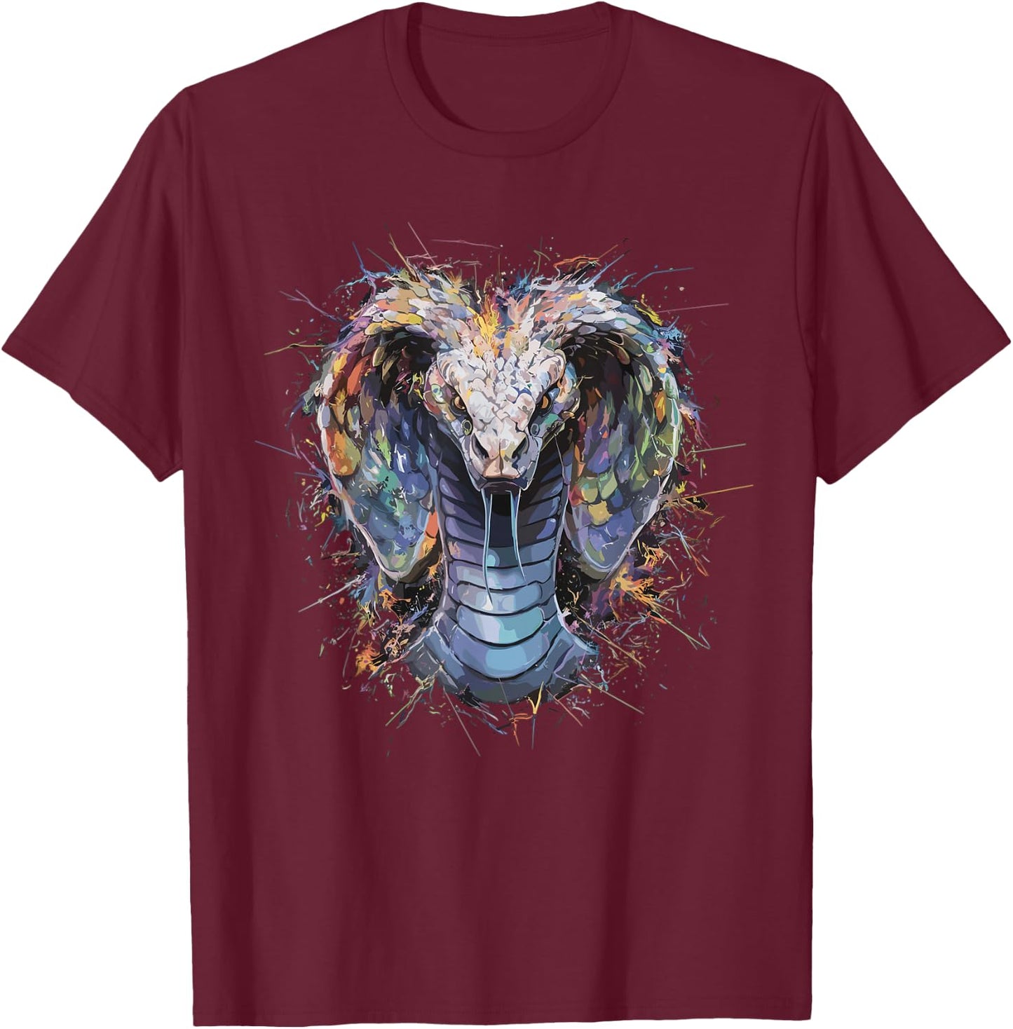 Colorful Paint Splash Menacing Cobra Snake Art Graphic T-Shirt - T-Shirt | Maroon