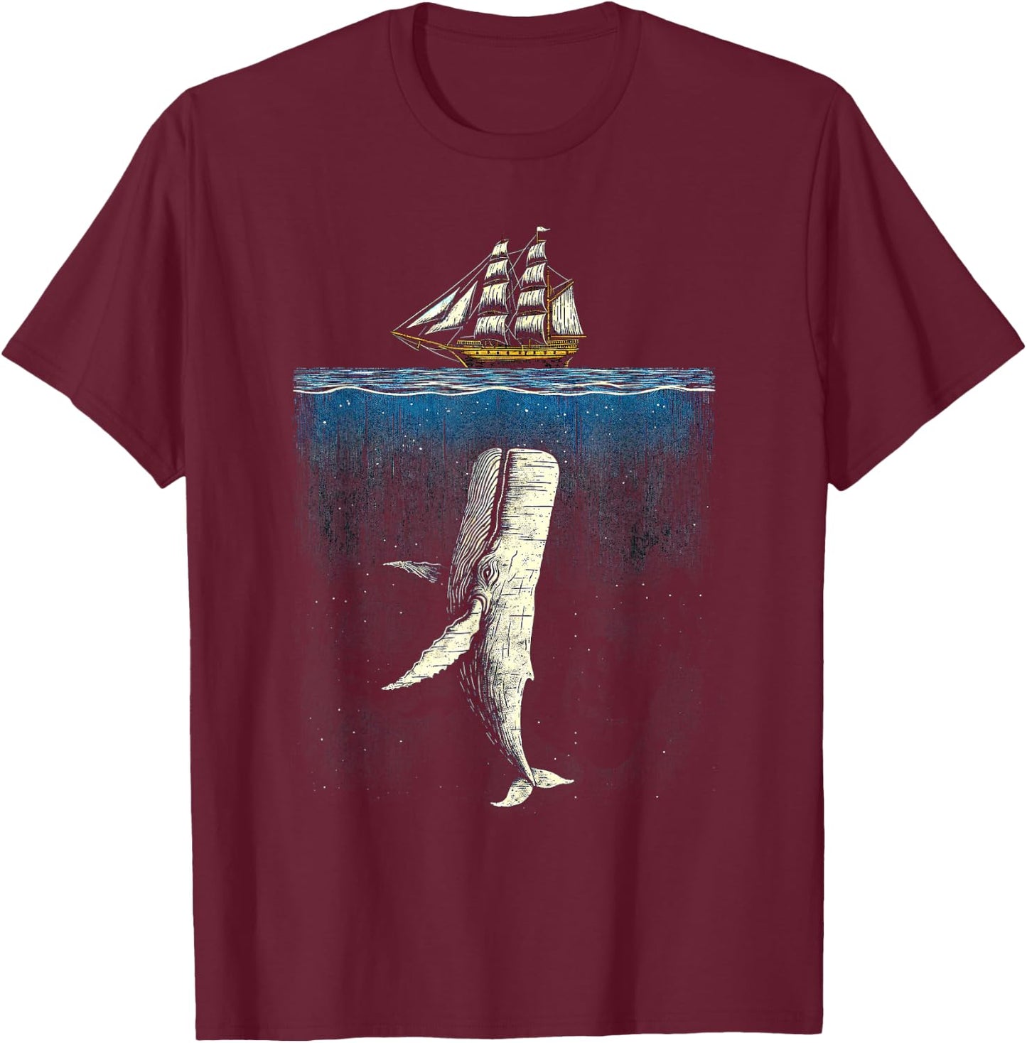 Moby Dick Inspired Threatening Whale and Ship Artwork T-Shirt - T-Shirt | Maroon