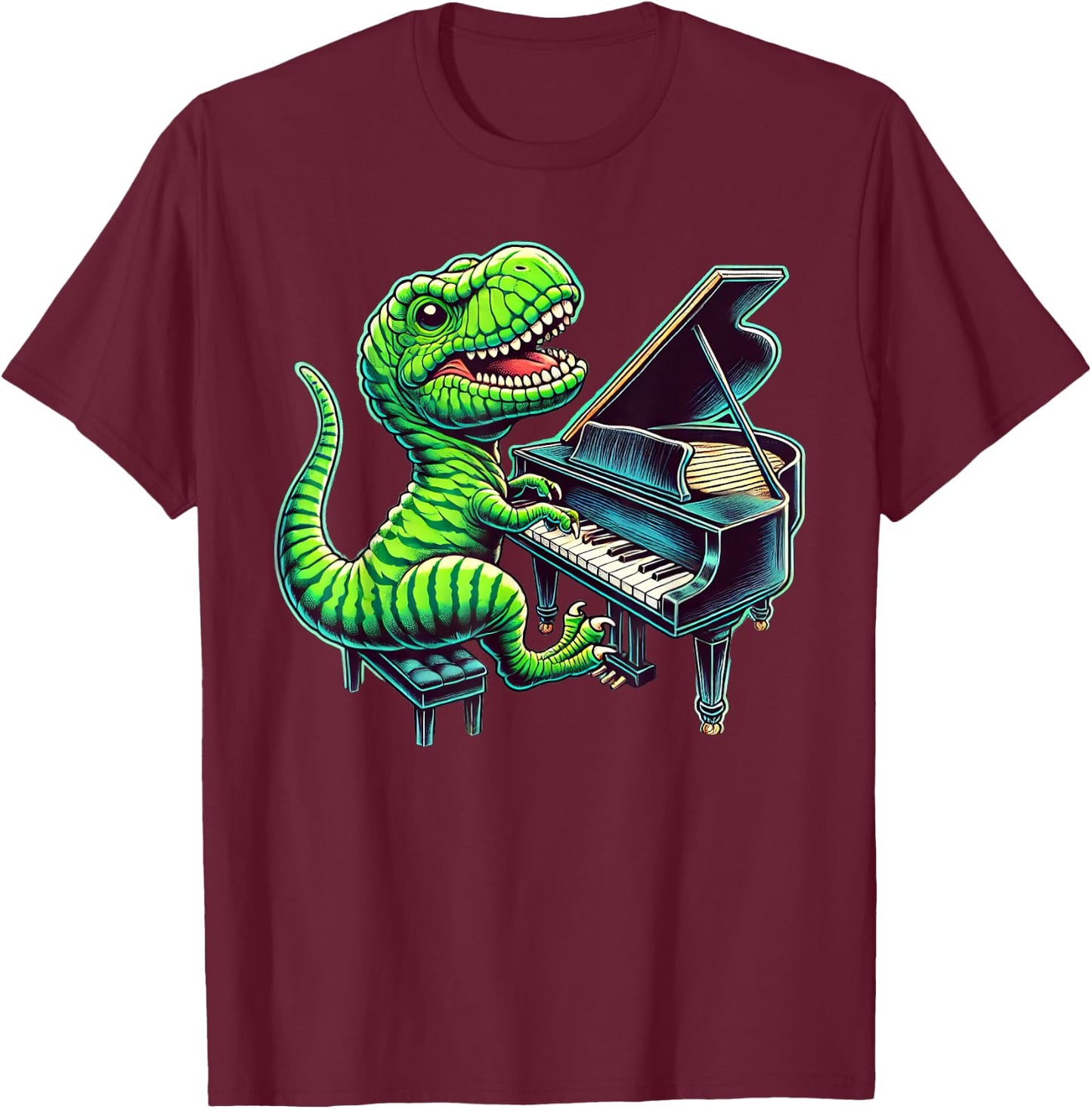 T-Rex Dinosaur Playing Piano Musician Music T-Shirt - T-Shirt | Maroon