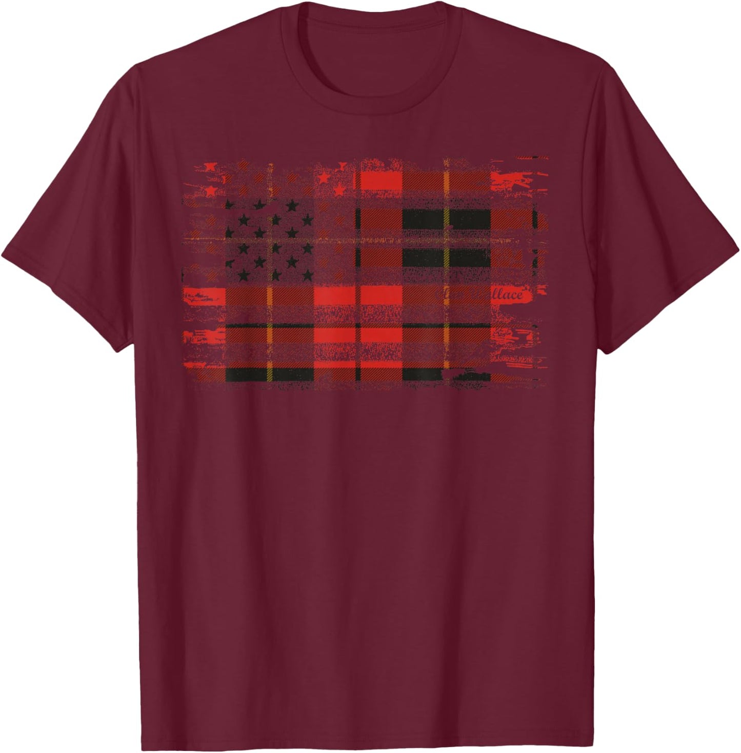 Clan Wallace American Flag Scottish Tartan T-Shirt - T-Shirt | Maroon