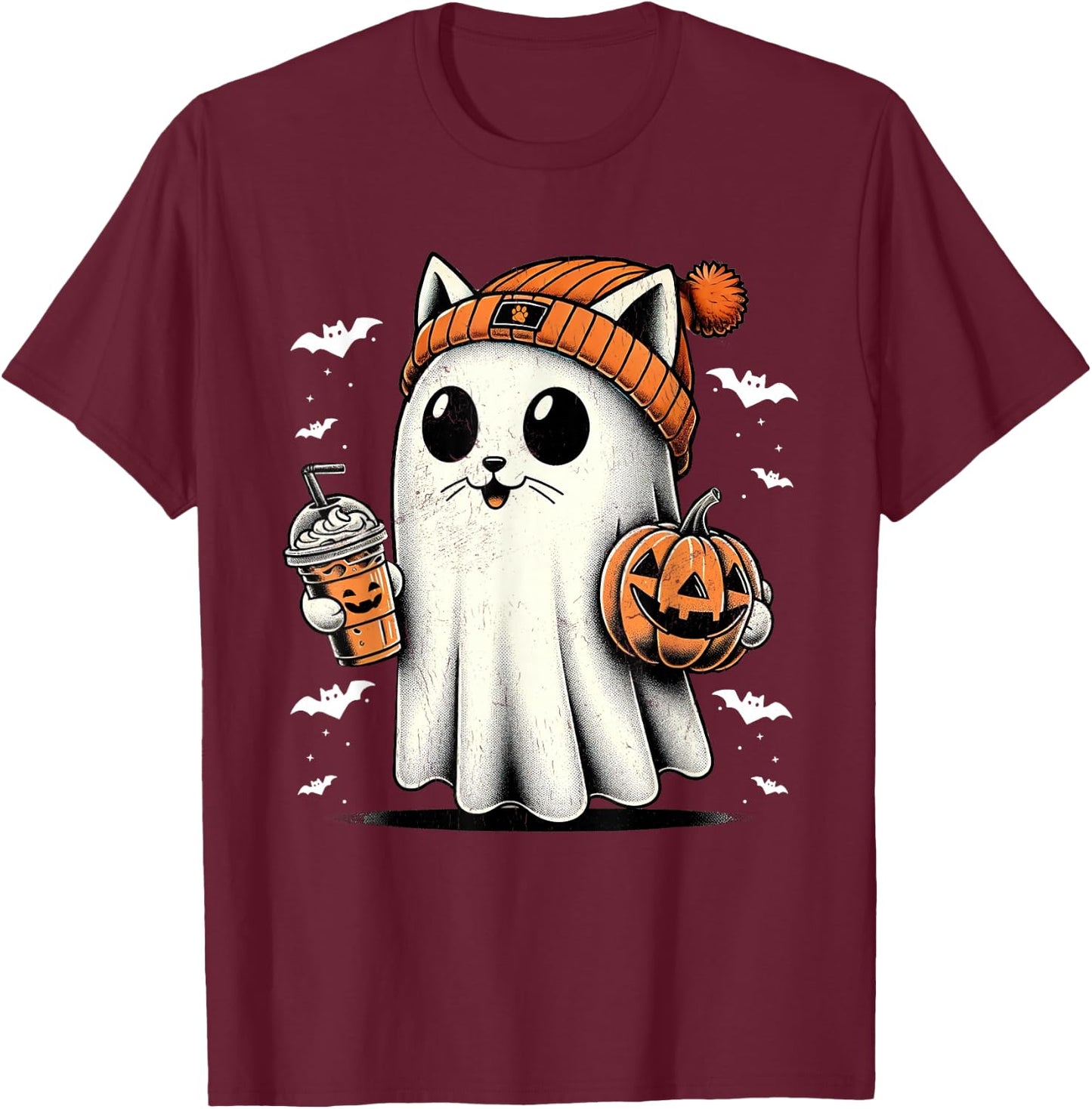 Cute Cat Ghost Iced Coffee Funny Ghost Halloween Ice Coffee T-Shirt - T-Shirt | Maroon