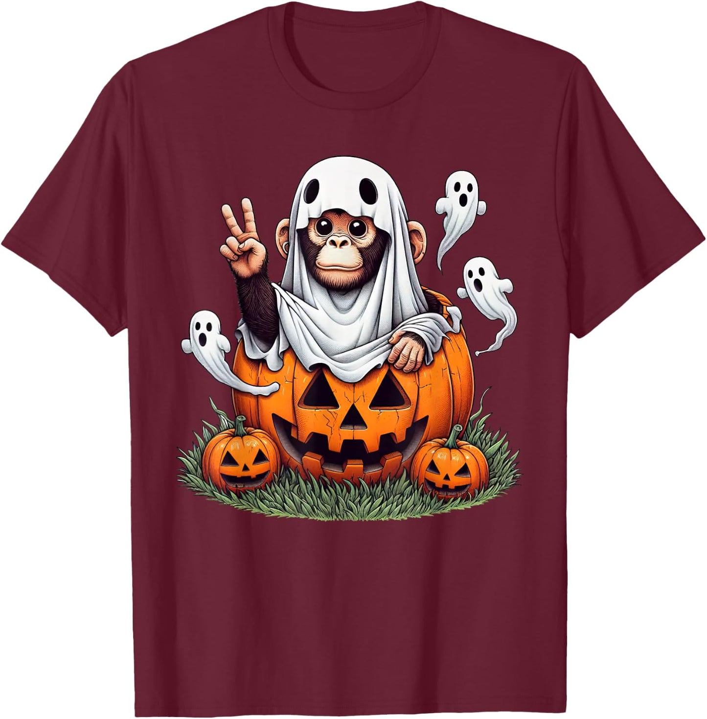 Funny Monkey Ghost Boo Halloween Monkey Kids T-Shirt - T-Shirt | Maroon