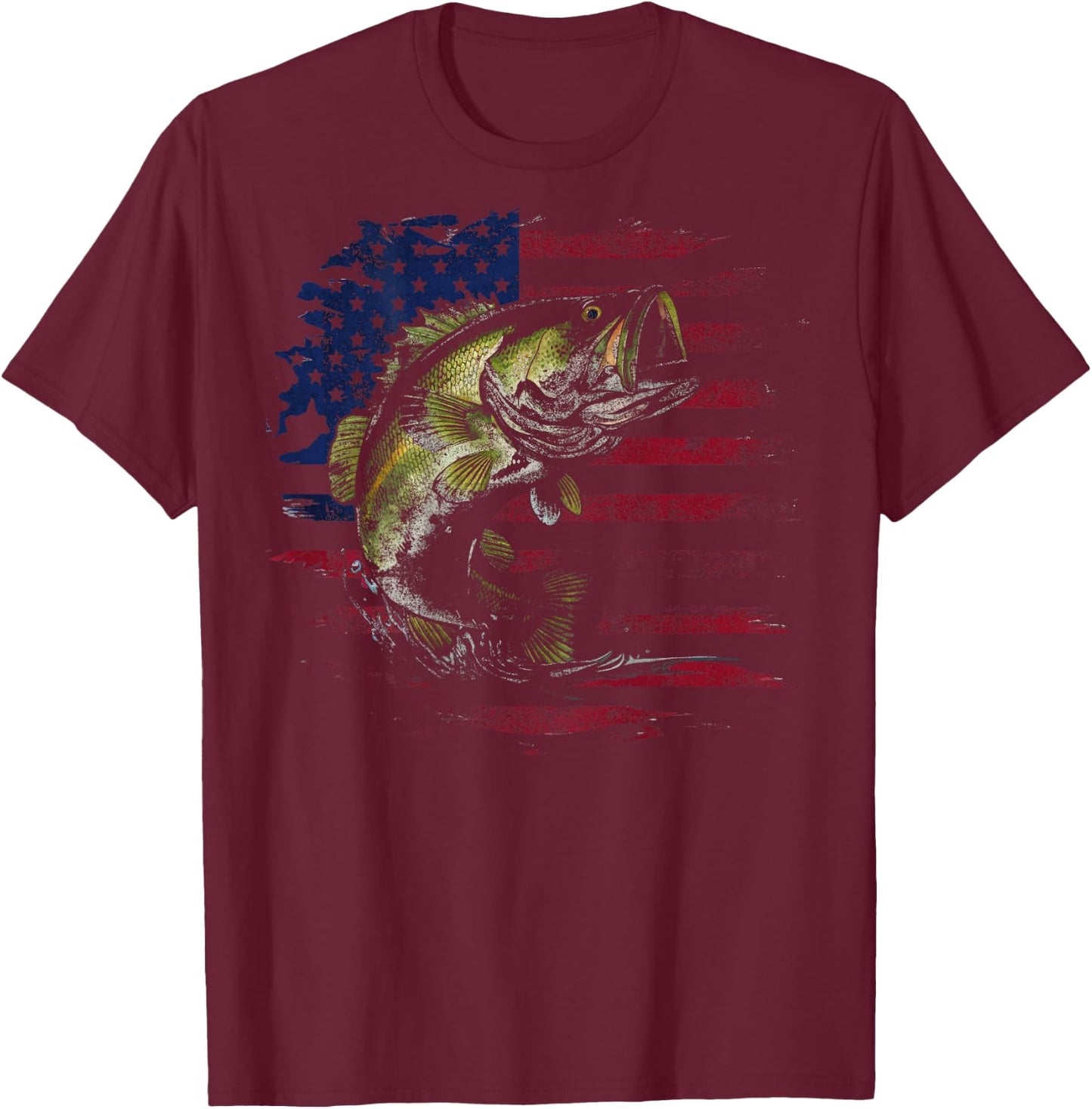 American Flag Camo Bass Fish Fishing Fisherman (on back) T-Shirt - T-Shirt | Maroon