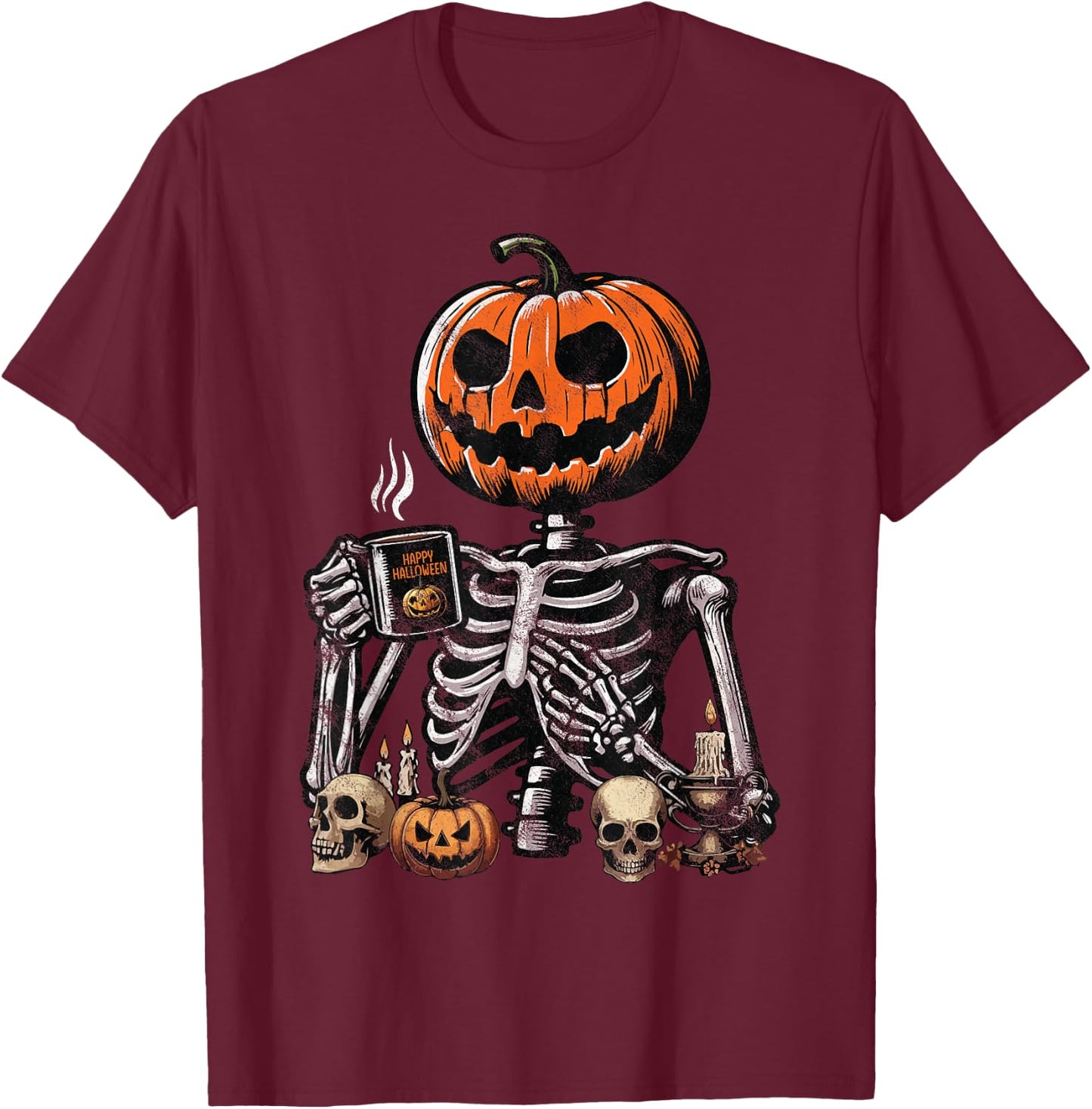Skeleton Pumpkin Coffee Drinking Funny Halloween Costume T-Shirt - T-Shirt | Maroon