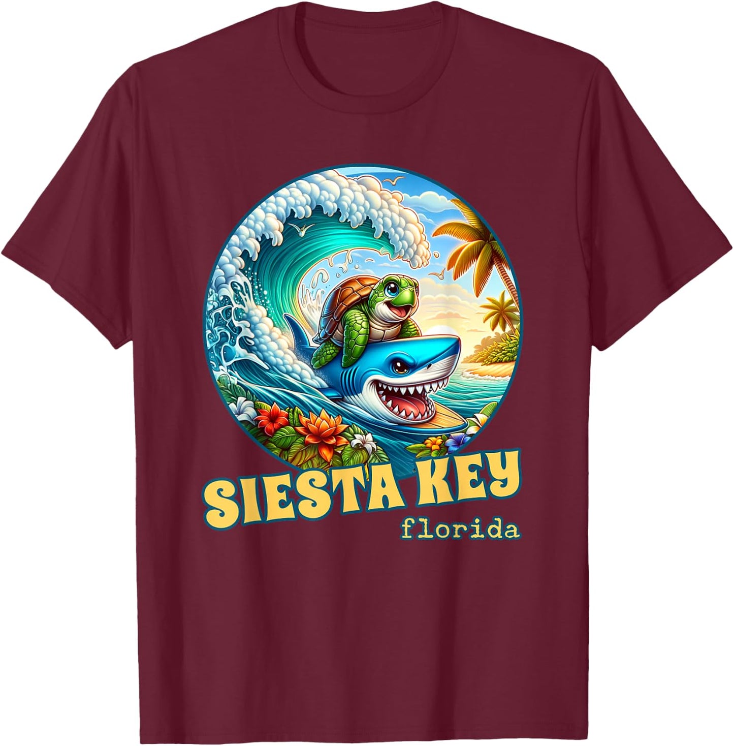 Siesta Key Florida Surfing Sea Turtle and Shark T-Shirt - T-Shirt | Maroon