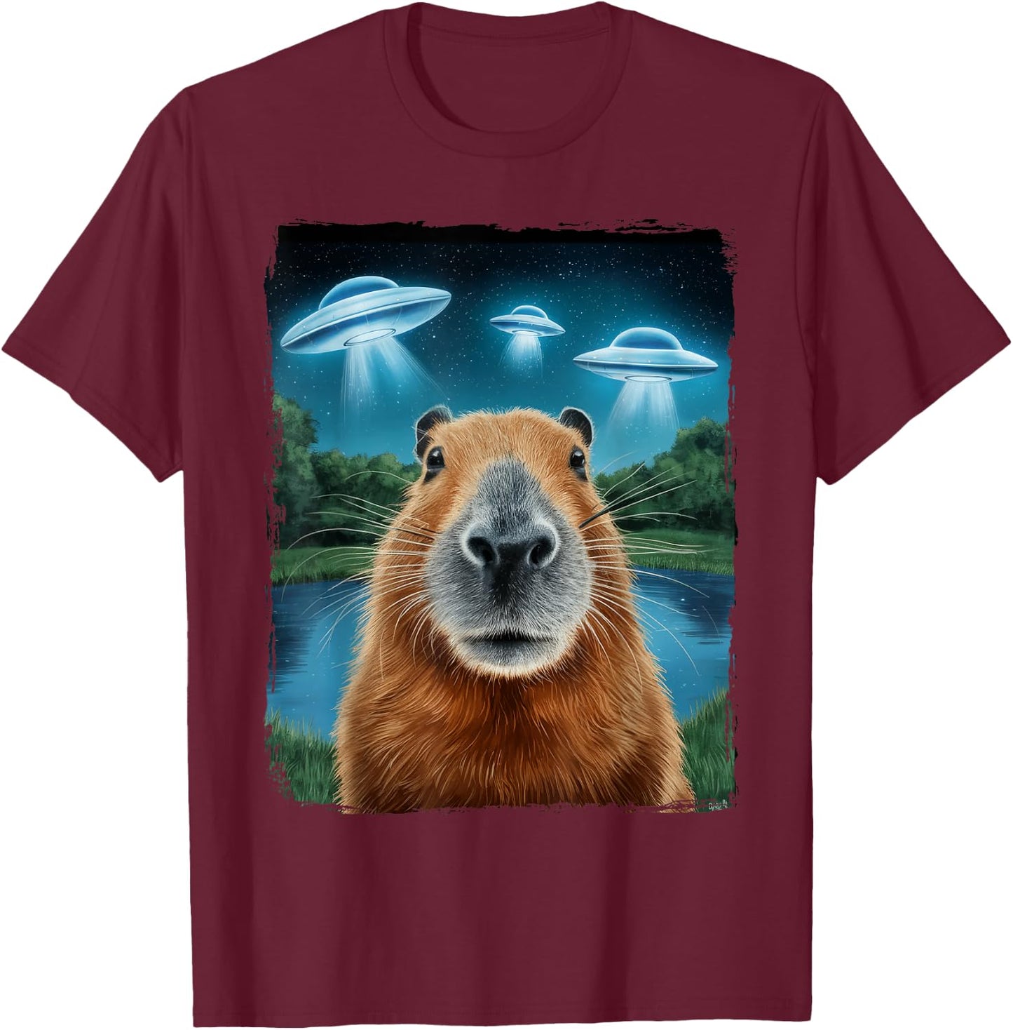 Capybara Selfie with UFOs T-Shirt - T-Shirt | Maroon