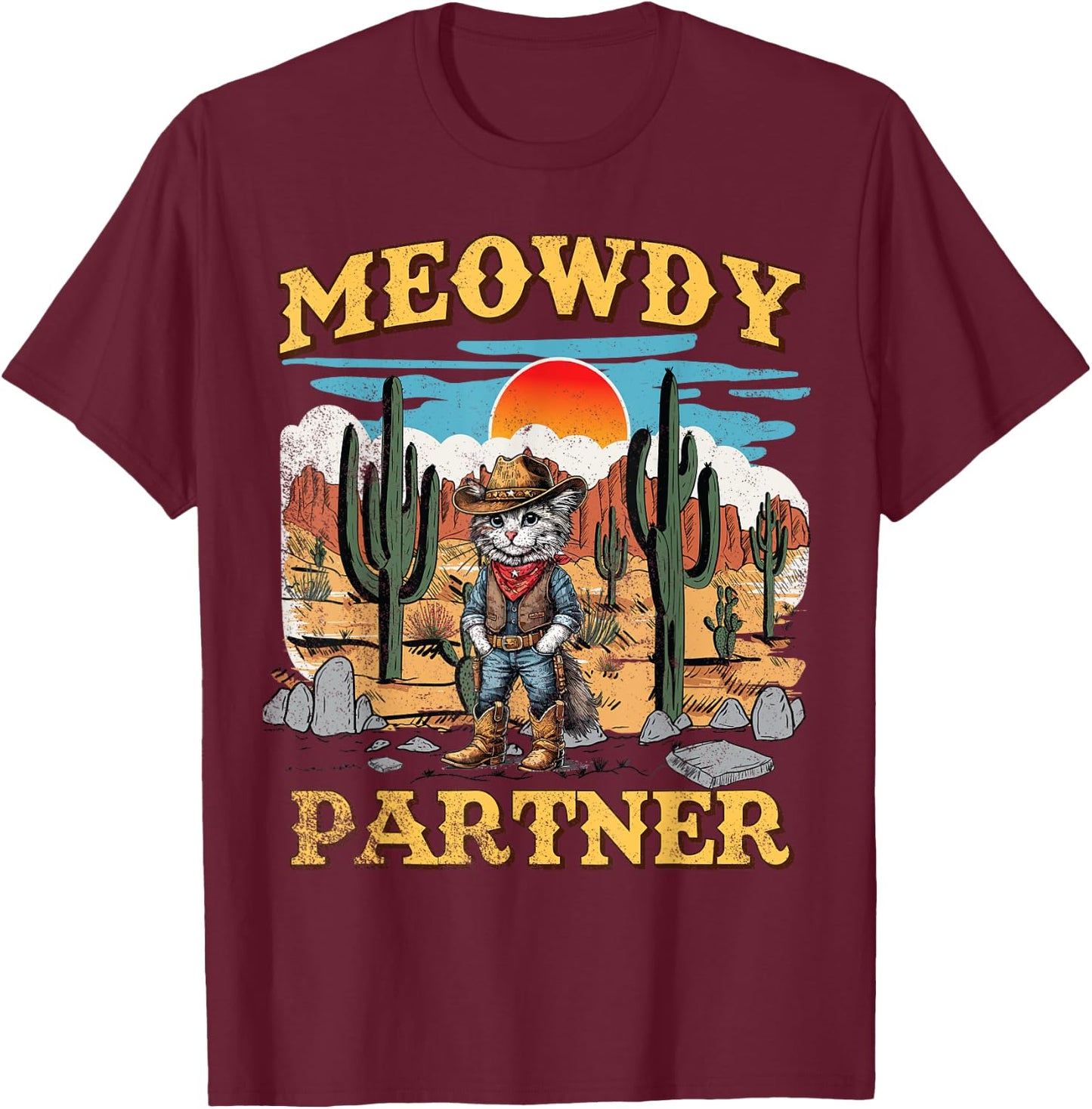 Meowdy Partner Western Cowboy Vintage Cat T-Shirt - T-Shirt | Maroon