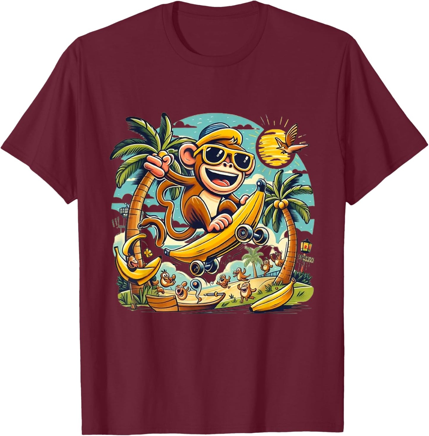 Cute Monkey Eat Banana & Skate for Skateboarding Lovers T-Shirt - T-Shirt | Maroon