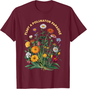 Pollinator Garden Design Wildlife Flowers Native Plants T-Shirt - T-Shirt | Maroon