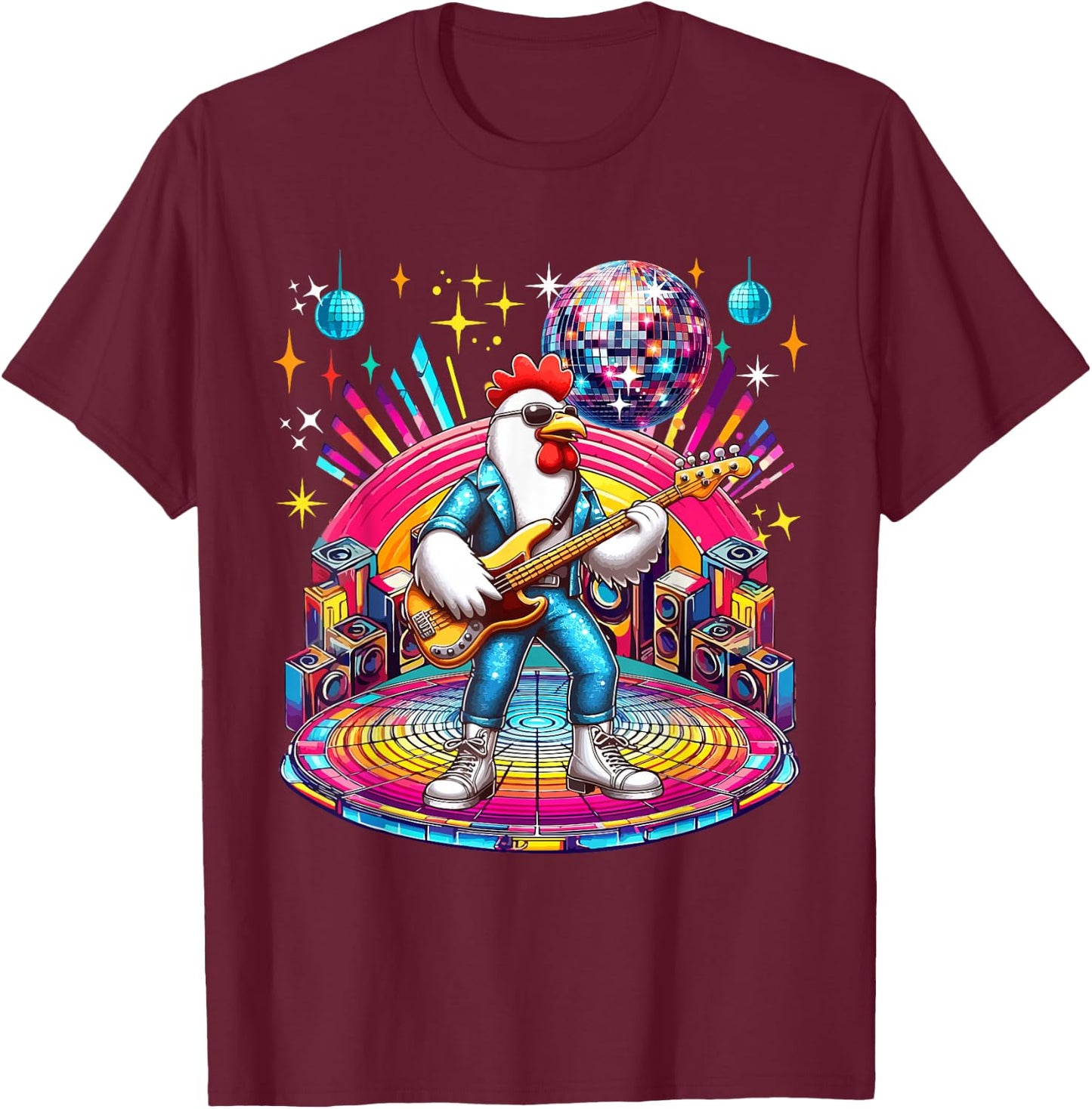 Chicken Sunglasses Playing Guitar Colourful Costume Disco T-Shirt - T-Shirt | Maroon