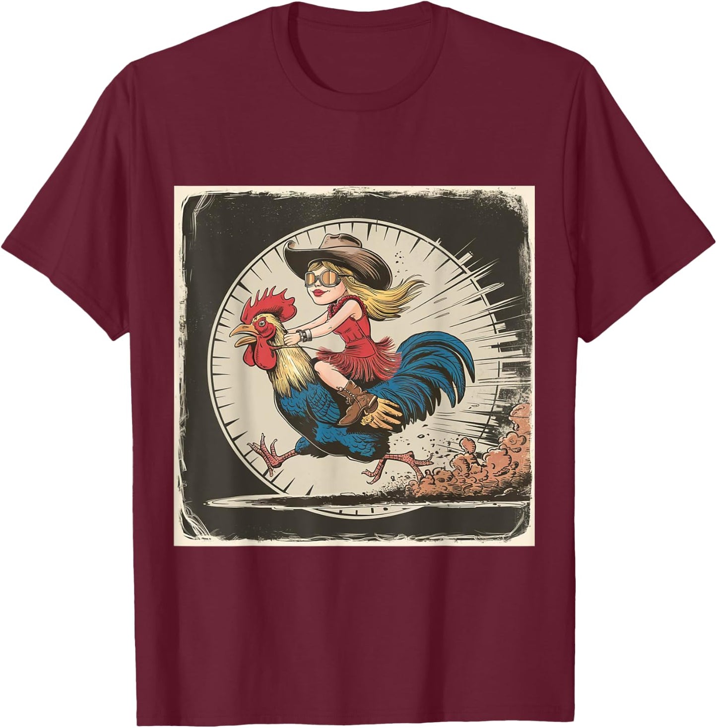 Funny Vintage Distressed Cowgirl Riding Chicken Rooster T-Shirt - T-Shirt | Maroon