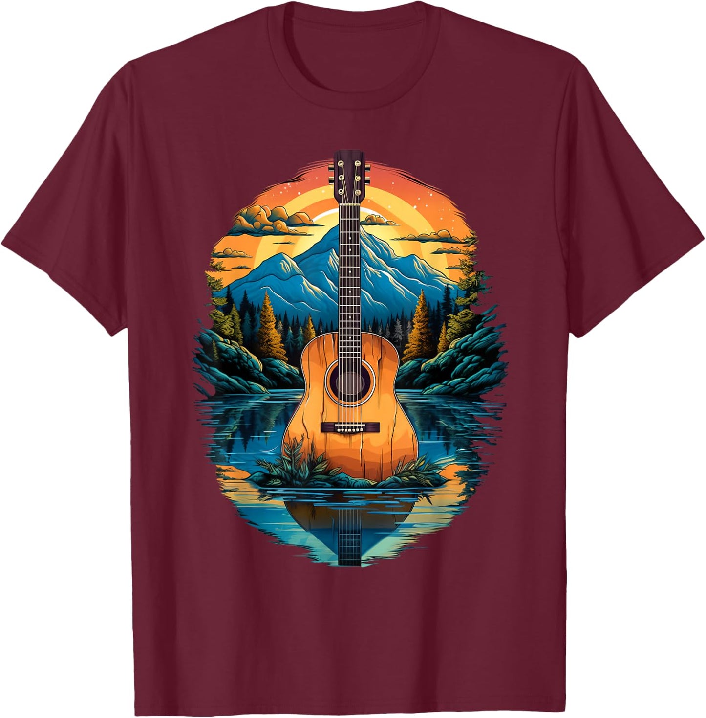 Acoustic Guitar Sunset By The Lake T-Shirt - T-Shirt | Maroon