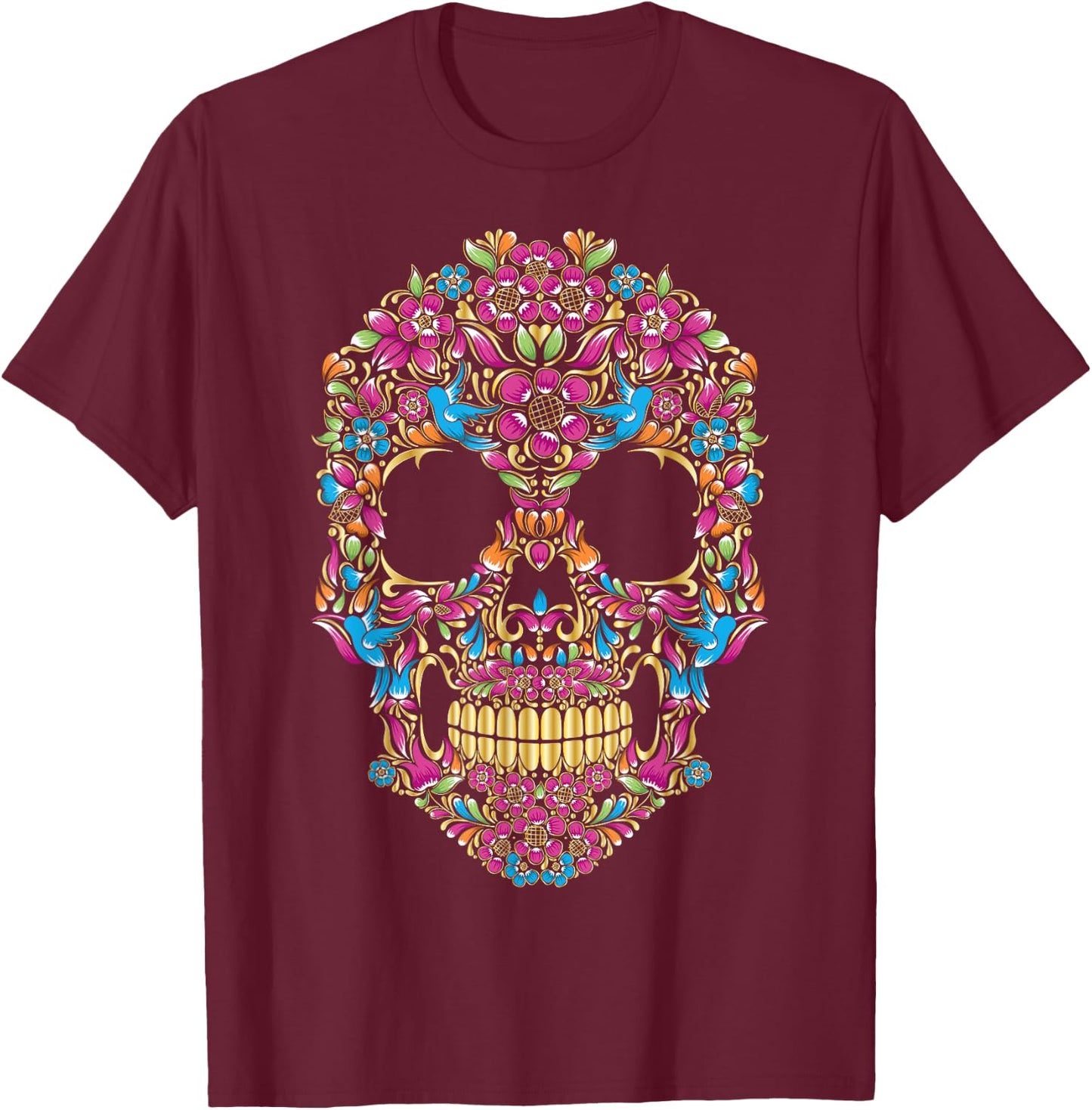 Colourful sugar skulls with flowers and birds | Camiseta T-Shirt - T-Shirt | Maroon