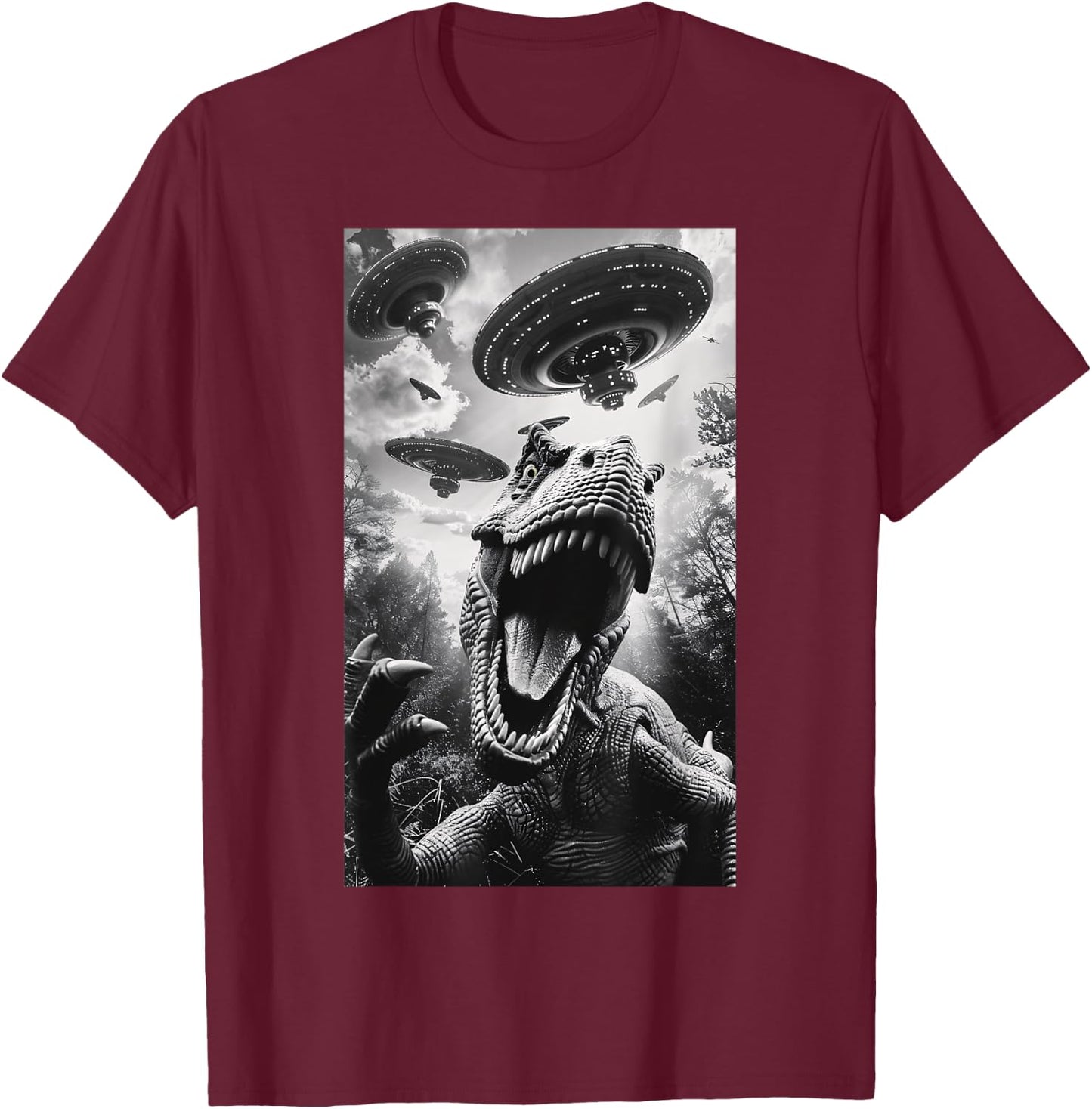 Funny T rex Dinosaur UFO Flying Saucer Alien Men Women T-Shirt - T-Shirt | Maroon