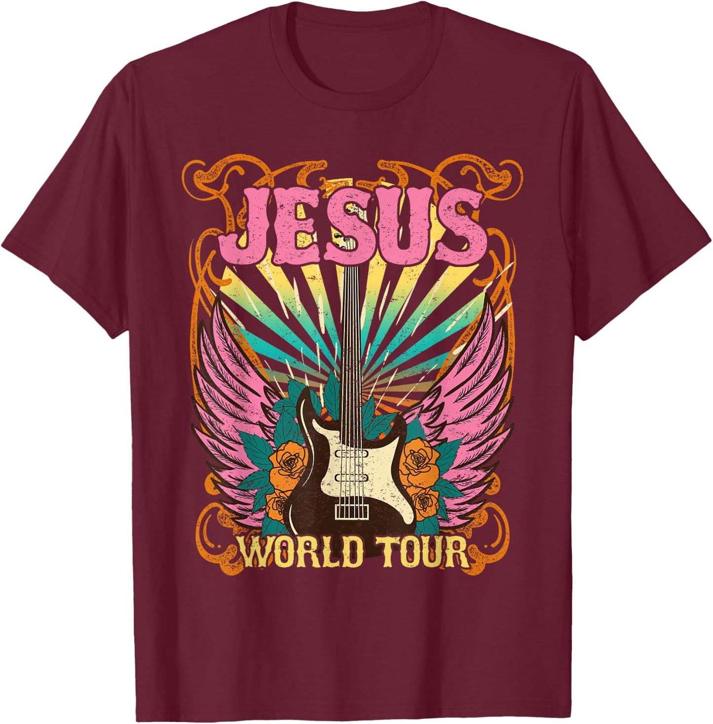 Jesus World Tour Retro 70s 80s Rock Concert Guitar Christian T-Shirt - T-Shirt | Maroon
