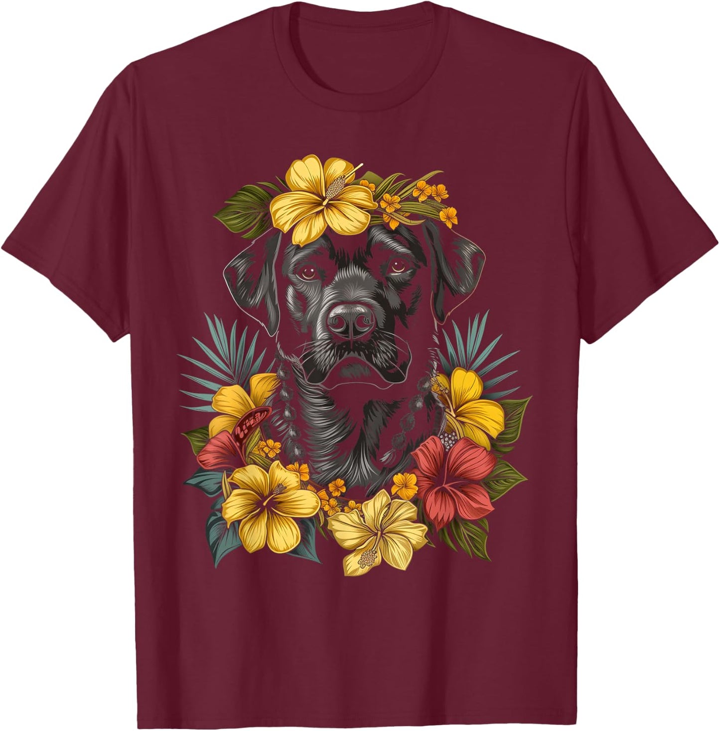 Labrador Hawaiian Flowers Hibiscus Hula Hawaii Black Lab Dog Women Kids T-Shirt - T-Shirt | Maroon