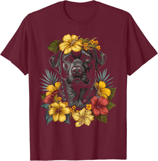 Labrador Hawaiian Flowers Hibiscus Hula Hawaii Black Lab Dog Women Kids T-Shirt - T-Shirt | Maroon