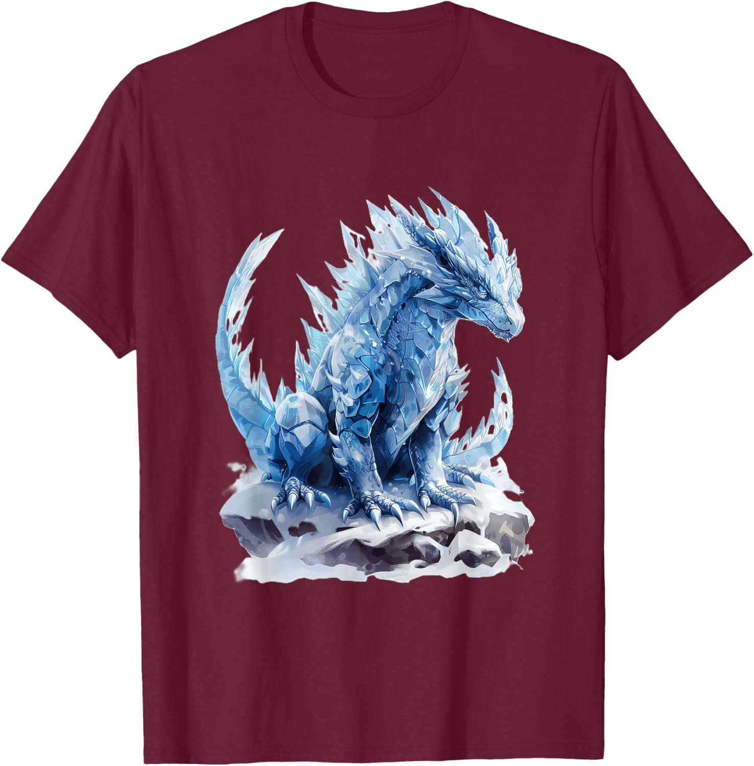 Majestic Icy Blue Dragon in Winter T-Shirt - T-Shirt | Maroon