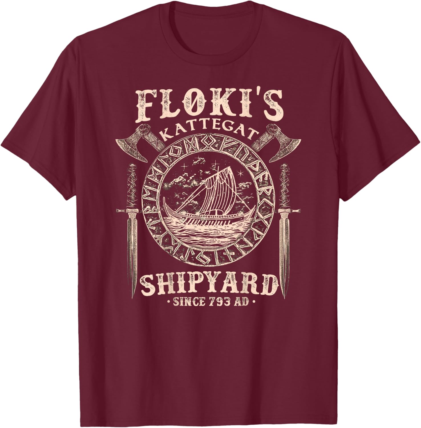 Flokis Shipyard Kattegat Viking Ship and Sword Vikings Rise T-Shirt - T-Shirt | Maroon