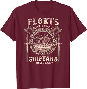 Flokis Shipyard Kattegat Viking Ship and Sword Vikings Rise T-Shirt - T-Shirt | Maroon
