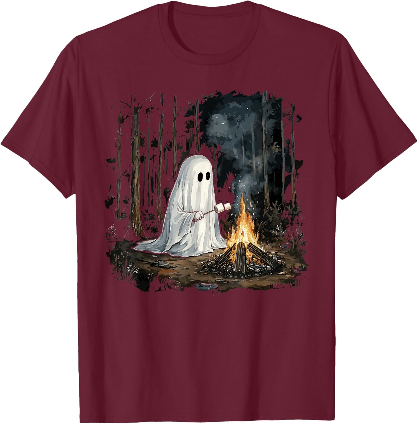 Vintage Floral Ghost Halloween Ghost in the Forest Gothic T-Shirt - T-Shirt | Maroon