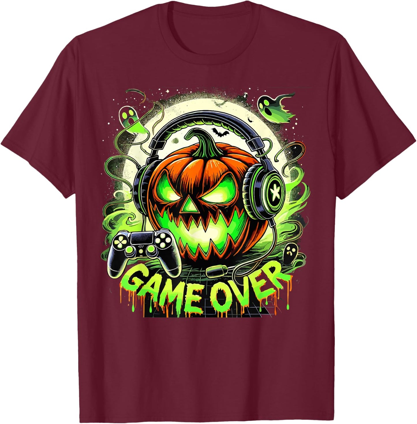 Halloween Jack O Lantern Game Over Gaming Gamer T-Shirt - T-Shirt | Maroon
